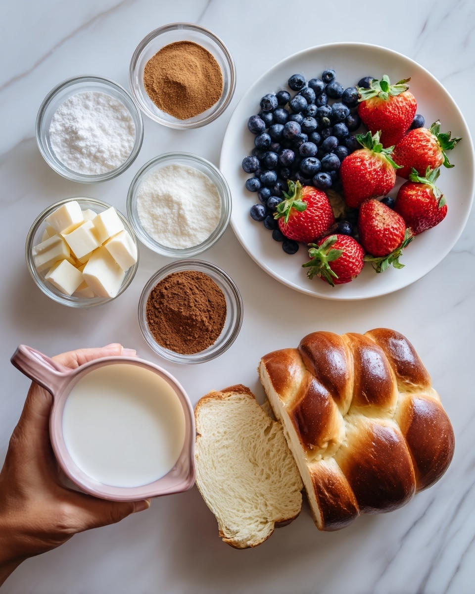 The image shows a top view of soft, braided bread slices with a golden brown crust and light, fluffy inside on the bottom right. Above the bread is a white measuring cup filled with foamy milk held by a woman's hand with a pink handle. On the top right, there is a white plate full of fresh blueberries and strawberries with green tops. To the left of the plate, small glass bowls hold cubed butter, syrup, cocoa powder, cinnamon powder, and white sugar, all arranged neatly on a white marbled surface. photo taken with an iphone --ar 4:5 --v 7