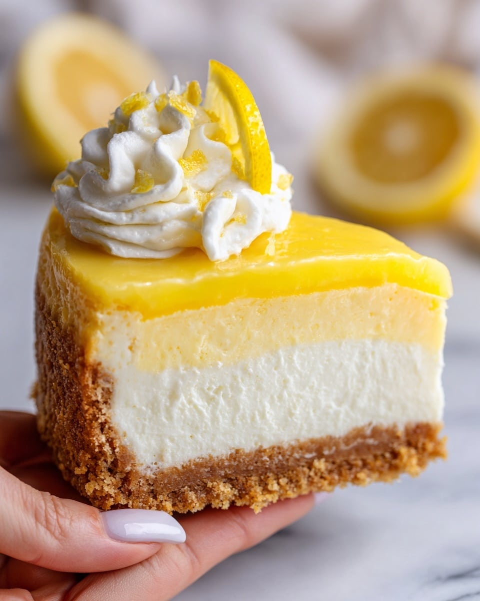 A close-up view of a slice of lemon cheesecake held by a woman's hand, showing three main layers: a thick, crumbly brown graham cracker crust at the bottom, a smooth, creamy white cheesecake middle layer, and a shiny, bright yellow lemon glaze topping. The slice is decorated with a small dollop of white whipped cream and a thin triangle wedge of lemon on top. The background features a soft focus lemon and white marbled texture. photo taken with an iphone --ar 4:5 --v 7
