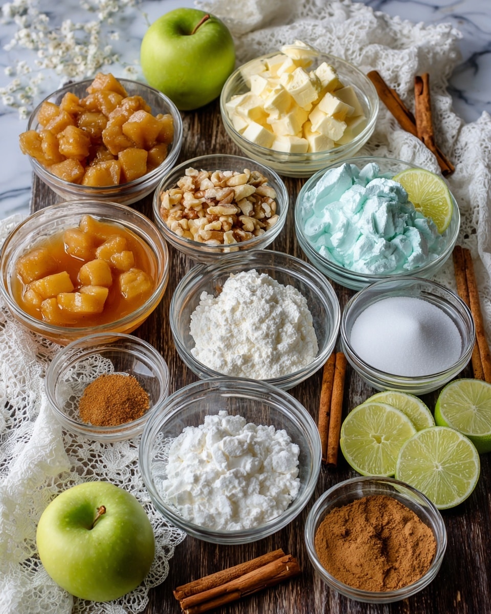 The image shows multiple small clear glass bowls arranged on a dark wooden surface with a white marbled texture in the background. The bowls contain various ingredients including golden brown cooked apple pieces in syrup, light tan powdered nuts, pure white cream, orange liquid, pale blue granulated sugar, a mound of white fluffy whipped cream, brown ground spices, a pale yellow chunked butter, and white granulated sugar. Around the bowls are sliced green apples and lime halves, cinnamon sticks, and a white cloth with lace edges. The scene is brightly lit with natural light, focusing on the fresh and prepared components that suggest baking or dessert making photo taken with an iphone --ar 4:5 --v 7