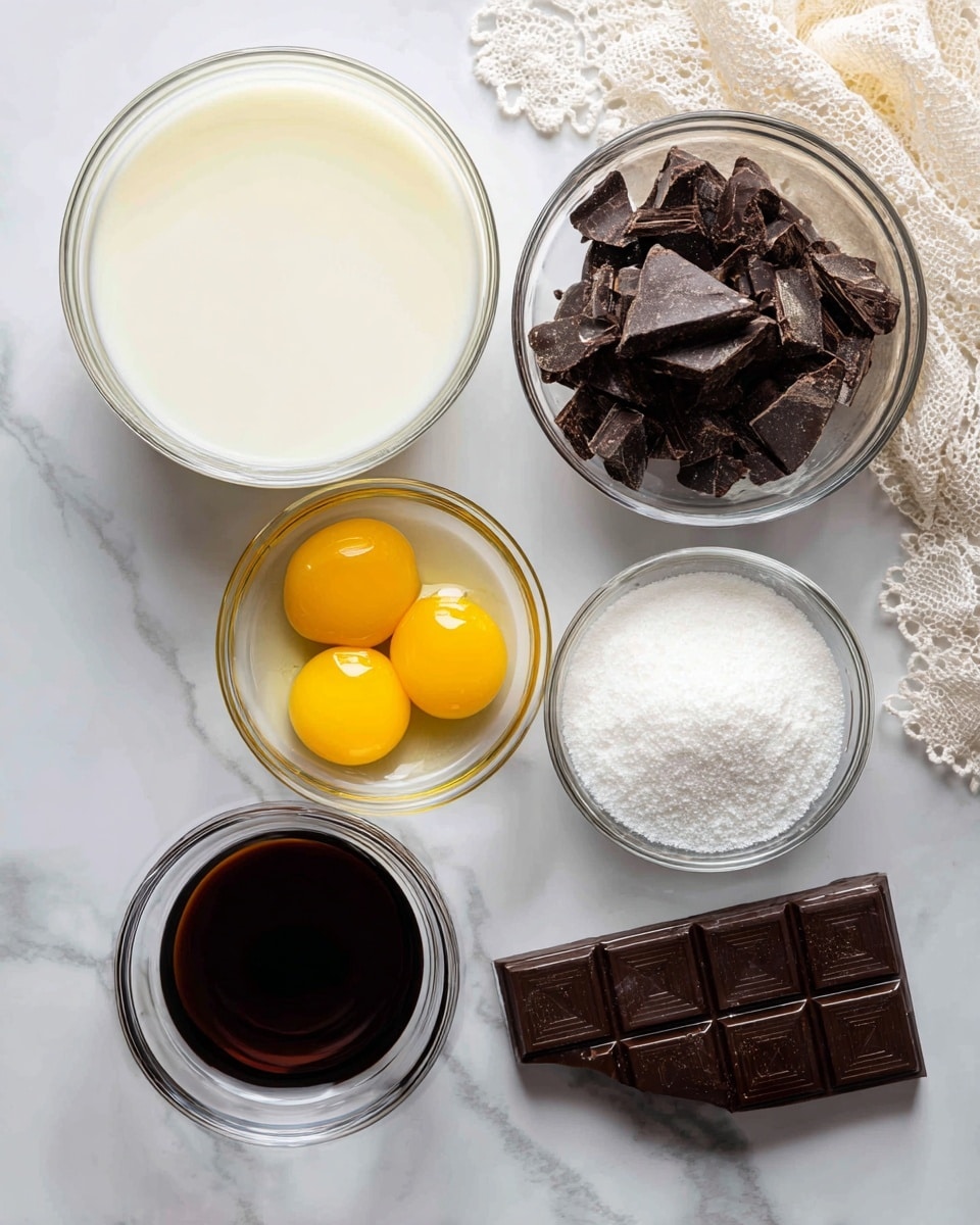 A top view of six clear glass bowls on a white marbled surface; the largest bowl on the left contains a smooth white liquid, near it a medium bowl on the right is filled with irregular, thick dark brown chocolate pieces, above is a small bowl with four bright yellow egg yolks sitting in clear egg whites; below the white liquid bowl is a small bowl with a dark brown liquid, to the right of it is another small bowl filled with white granulated sugar, and beside it on the surface lies a single large piece of dark chocolate; the setup is clean and arranged neatly, with a soft lace fabric partially visible on the upper right edge, photo taken with an iphone --ar 4:5 --v 7