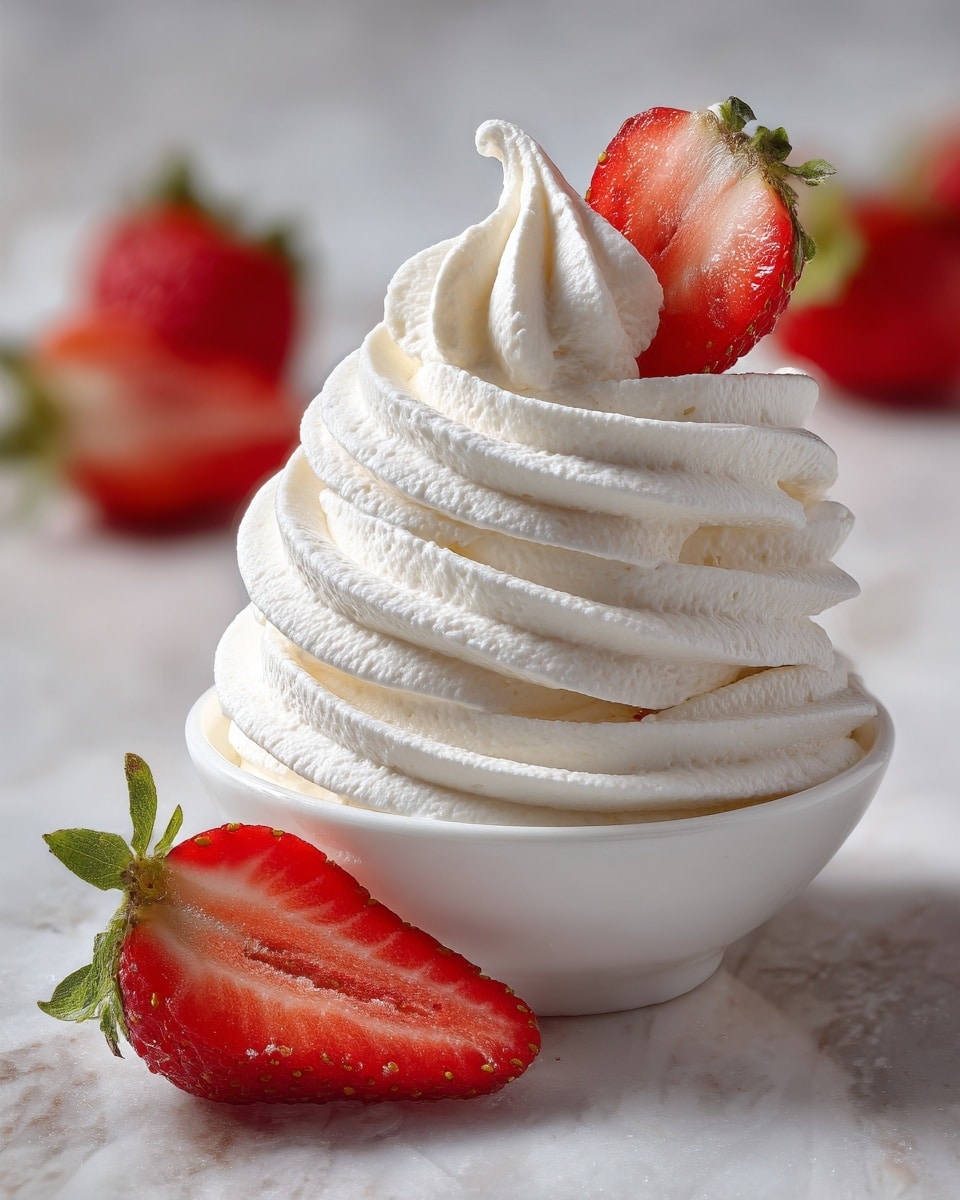 A white bowl is filled with a large, fluffy swirl of white whipped cream with smooth, wavy ridges. On top of the whipped cream, there is a half slice of bright red strawberry with a green tip, adding a fresh pop of color. The bowl sits on a white marbled surface, and another half strawberry lies next to it in the foreground. The background is softly blurred with hints of red strawberries. photo taken with an iphone --ar 4:5 --v 7