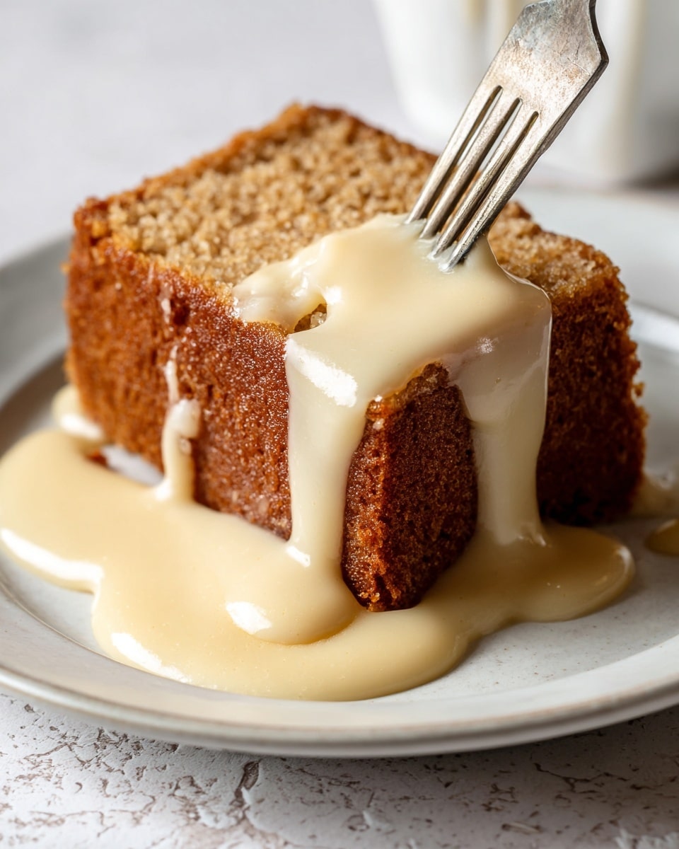 A thick slice of light brown cake with a slightly rough texture sits on a white plate, covered with a smooth, creamy pale yellow sauce that drips down the sides in soft folds. A small piece of the cake is broken off at the front right side, also coated in the yellow sauce, showing a moist and dense inside. The plate is placed on a white marbled surface. Photo taken with an iphone --ar 4:5 --v 7