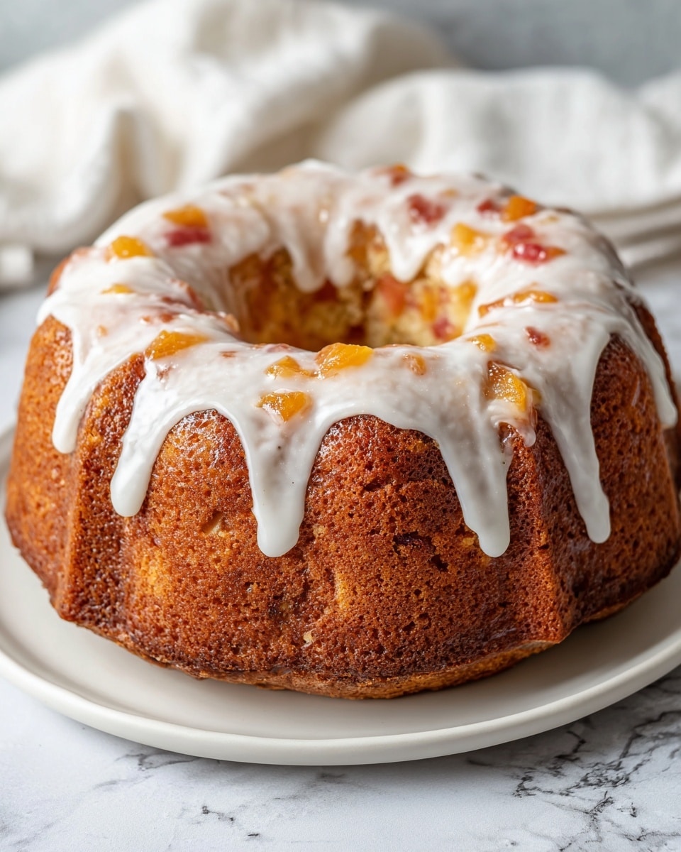 The image shows a bundt cake with a thick white icing dripping down its golden brown ridged surface. The cake has a shiny texture where the caramelized fruit filling is visible between the soft, baked layers. The white icing covers the top and flows down unevenly, contrasting with the warm tones of the cake. It is placed on a plain white plate on a white marbled surface, with a blurred white cloth in the background. photo taken with an iphone --ar 4:5 --v 7