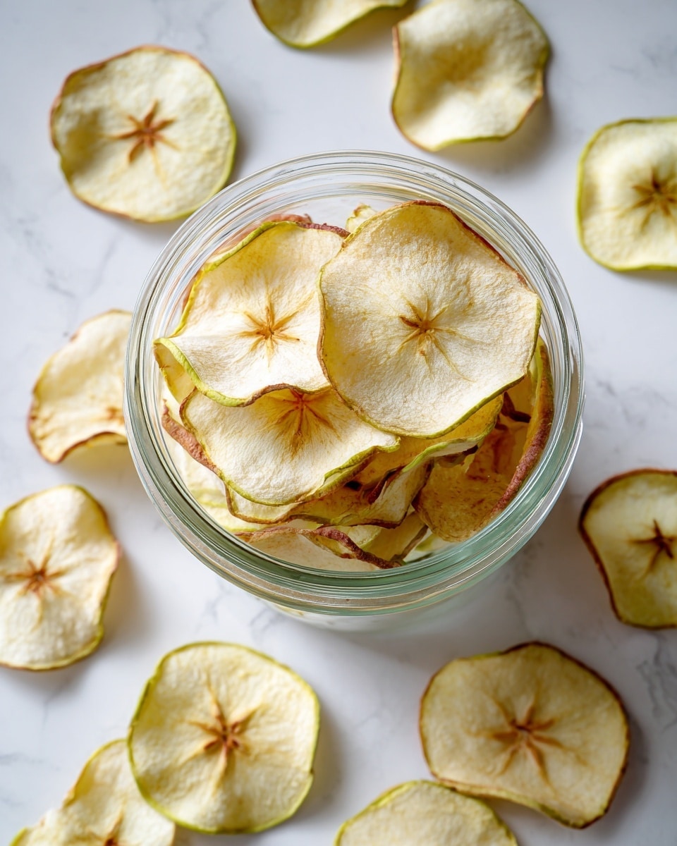 A clear glass jar is filled with many thin, round slices of dried apple, showing light yellow centers with reddish-brown edges. The jar stands on a surface with a white marbled texture, and several apple slices are scattered around the jar, showing their dry, crisp texture and circular shape with star-like patterns in the center. The colors are soft yellows and pale reds, giving a natural and simple look. Photo taken with an iphone --ar 4:5 --v 7