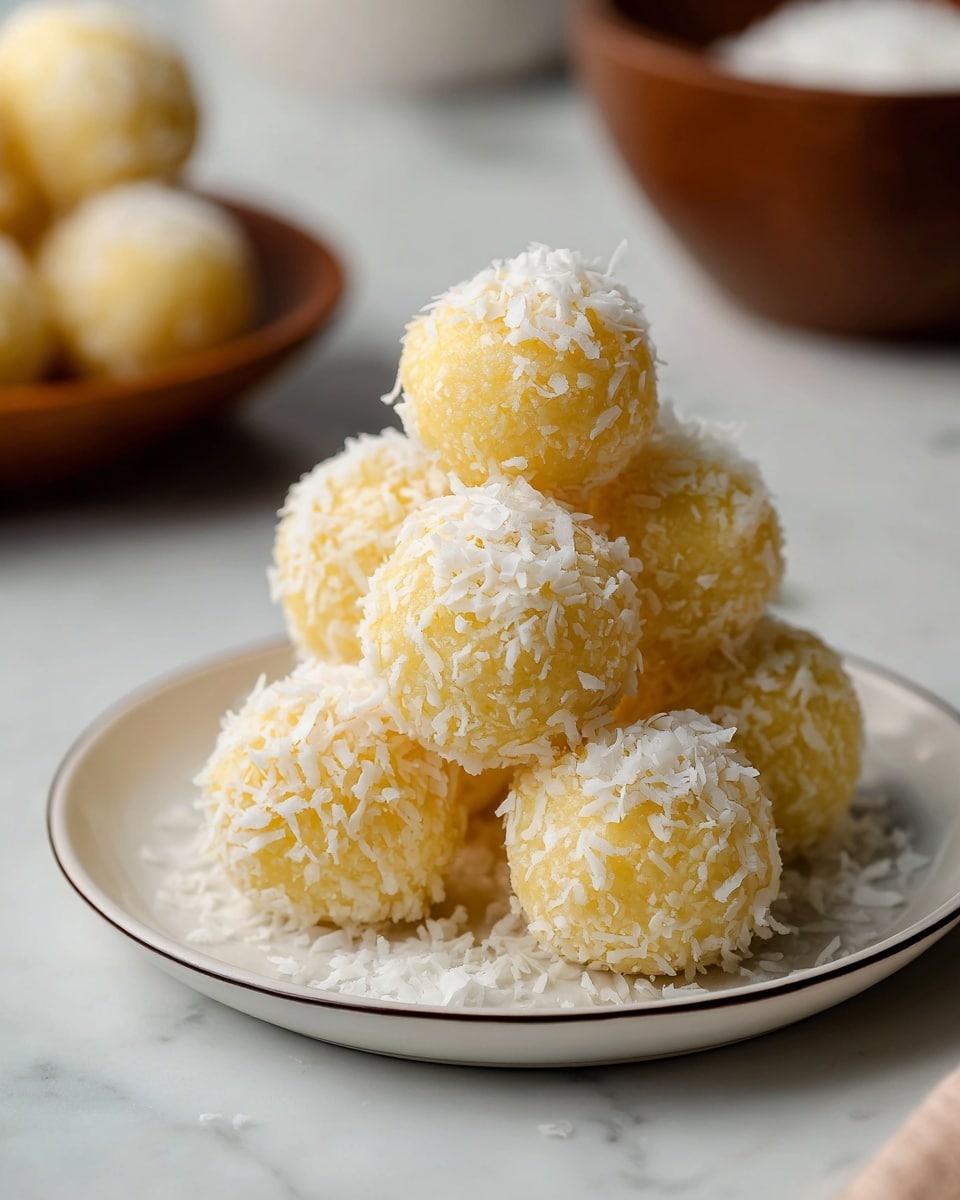 A close-up view shows a pile of round yellow balls coated with shredded white coconut on a white plate with a thin dark rim, placed on a white marbled surface. The balls have a rough texture with the coconut shreds sticking out evenly all around. In the background, there is a blurred white bowl and more of the balls on a wooden tray. The light is soft and natural, highlighting the light yellow and white colors of the balls and coconut strands photo taken with an iphone --ar 4:5 --v 7
