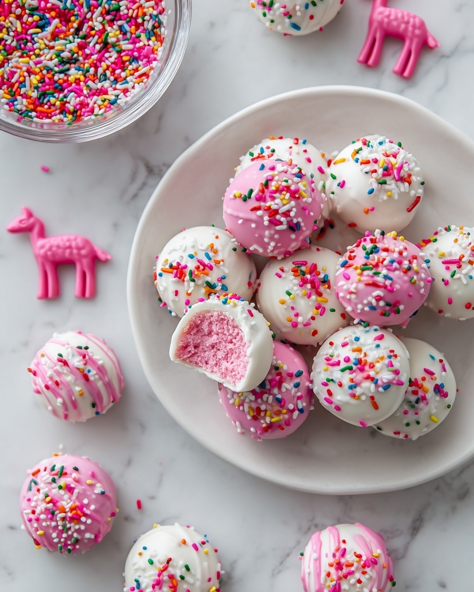 A white plate holds round treats in two colors: smooth white and bright pink coatings, each topped with colorful round sprinkles. One pink treat near the center is bitten to show a pink crumbly inside. Around the plate, there are pink and white animal-shaped cookies also covered in sprinkles, some inside a white bowl and some scattered on the white marbled surface. To the top right, a glass bowl is filled with the same colorful round sprinkles, with a few resting on the marbled surface. Photo taken with an iphone --ar 4:5 --v 7