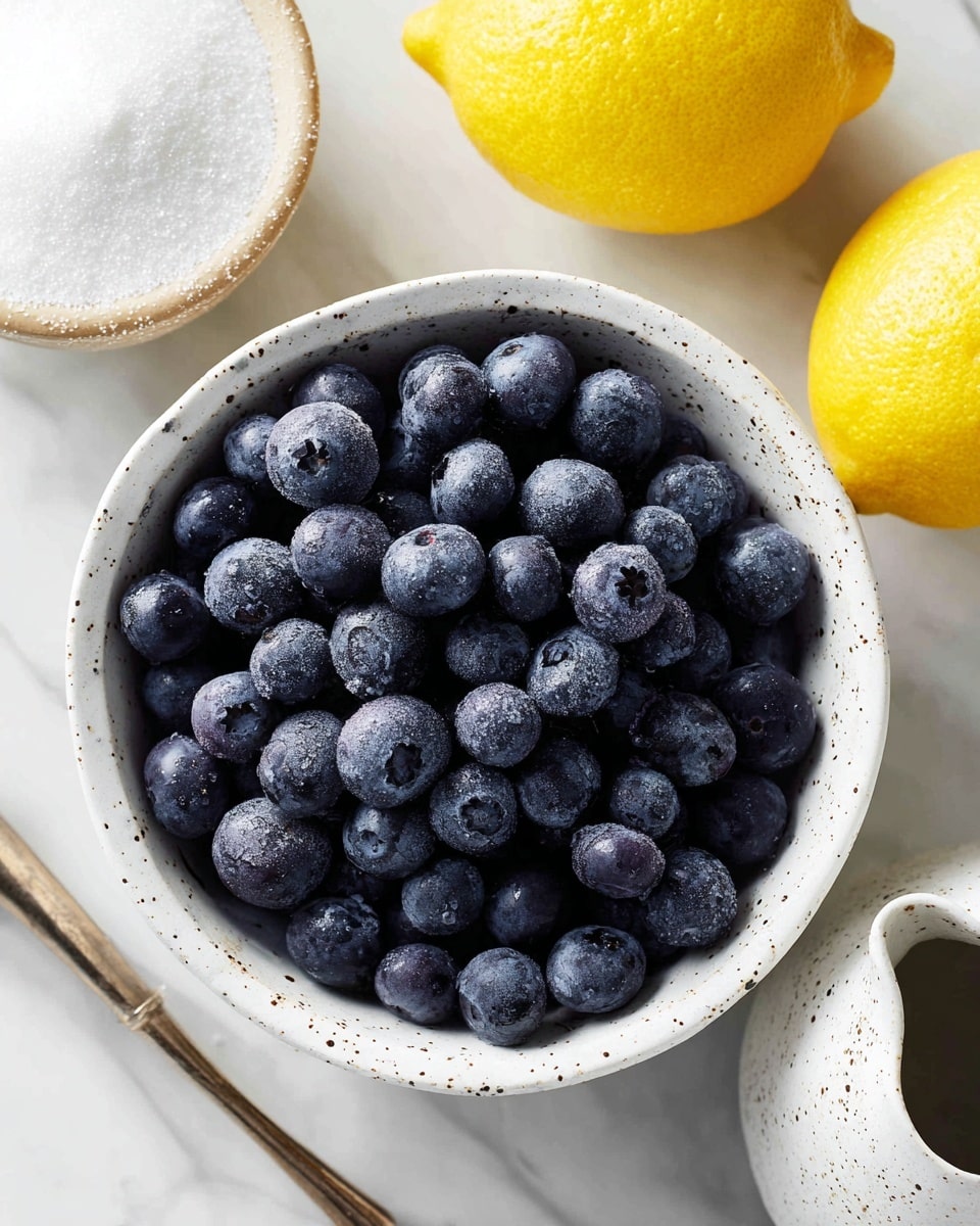 A white speckled bowl filled with fresh, deep blue blueberries placed on a white marbled surface, surrounded by a white speckled bowl of white granulated sugar to the top left, a bright yellow lemon to the top right, and a white speckled bowl with a spout partially visible to the bottom right, all arranged in a light, clean setting. photo taken with an iphone --ar 4:5 --v 7