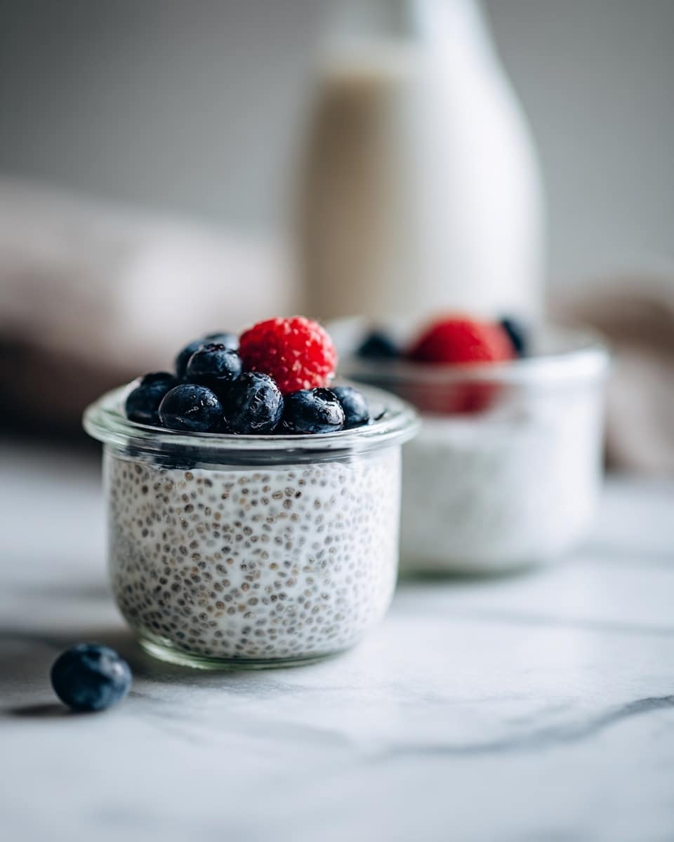The image shows two small clear glass jars filled with creamy chia pudding that has a speckled texture from the chia seeds. The jar in front is topped with five plump, dark blue blueberries sitting neatly on the smooth surface of the pudding. Behind it, slightly blurred, is another jar with similar chia pudding topped with a bright red raspberry. Further in the blurred background, there is a white bottle filled with a pale liquid, placed on a white marbled surface with a matching white marbled background. The scene has soft natural light, giving the pudding a fresh and inviting look. photo taken with an iphone --ar 4:5 --v 7