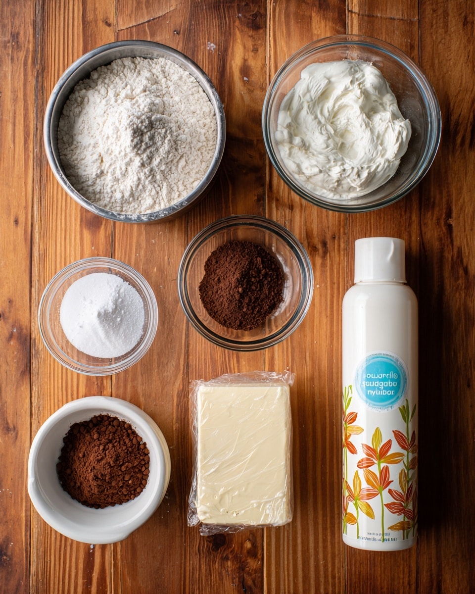 The image shows seven ingredients arranged neatly on a warm wooden surface: a metal bowl filled with white flour toward the top left, a smaller clear glass bowl with white powder next to it on the bottom left, a white bowl containing white granulated sugar positioned below the flour, a small clear bowl with brown powder in the middle, a block of wrapped butter next to the brown powder on the right, a plastic tub of authentic Greek yogurt with a light blue label near the top right, and a tall white bottle of vegetable oil spray with an orange and yellow floral design standing upright on the far right. The warm wood grain surface creates a natural, cozy feel with the ingredients positioned to be clearly visible, photo taken with an iphone --ar 4:5 --v 7