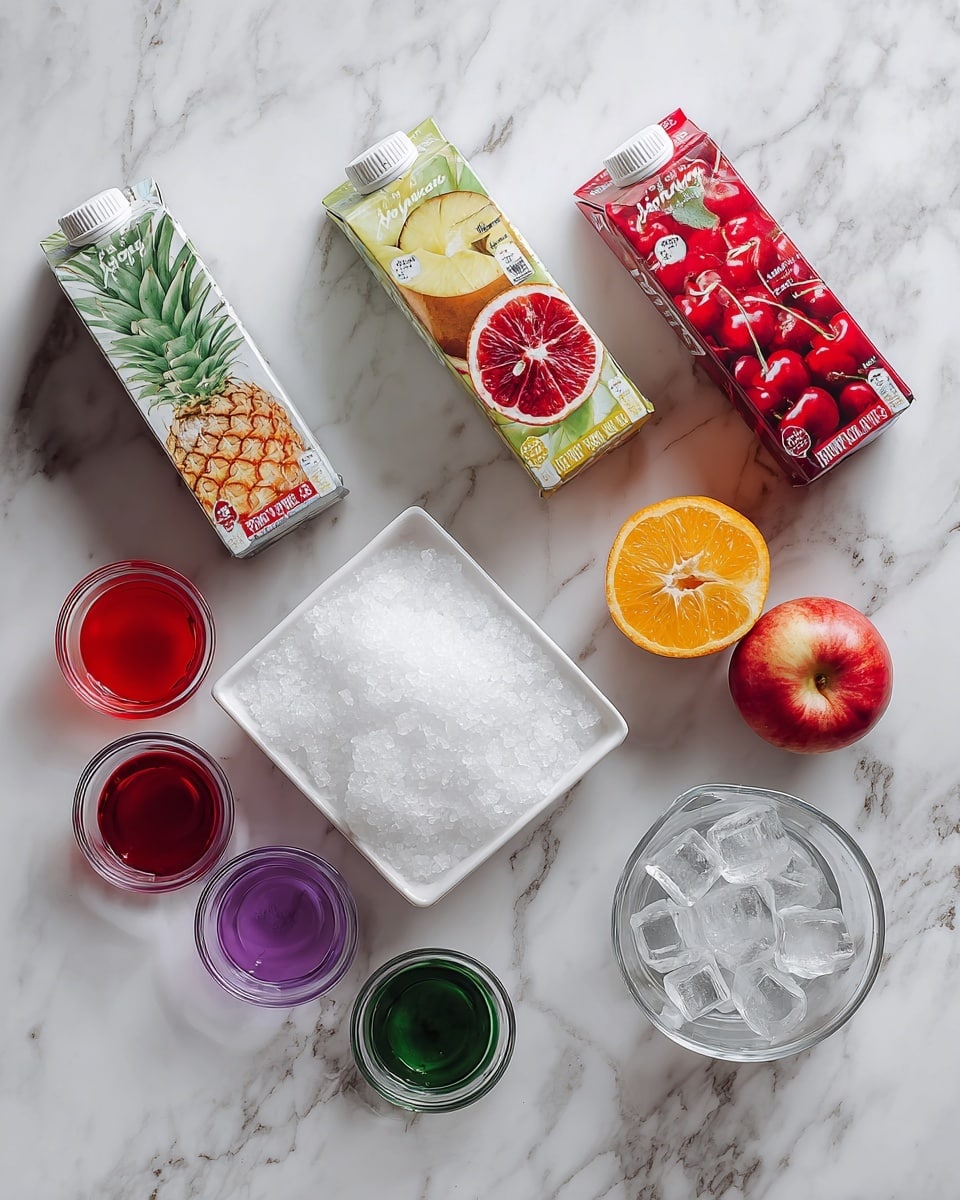 The image shows a white marbled surface with four juice cartons lined up at the back: pineapple juice with a pineapple image, cherry juice red carton with cherries, orange juice with oranges, and apple juice with apples. In front of the cartons, there is a white square bowl filled with white granulated sugar on the left and a clear glass measuring cup full of ice cubes on the right. Three small clear containers with red, purple, and green food coloring are placed to the left of the bowl. photo taken with an iphone --ar 4:5 --v 7