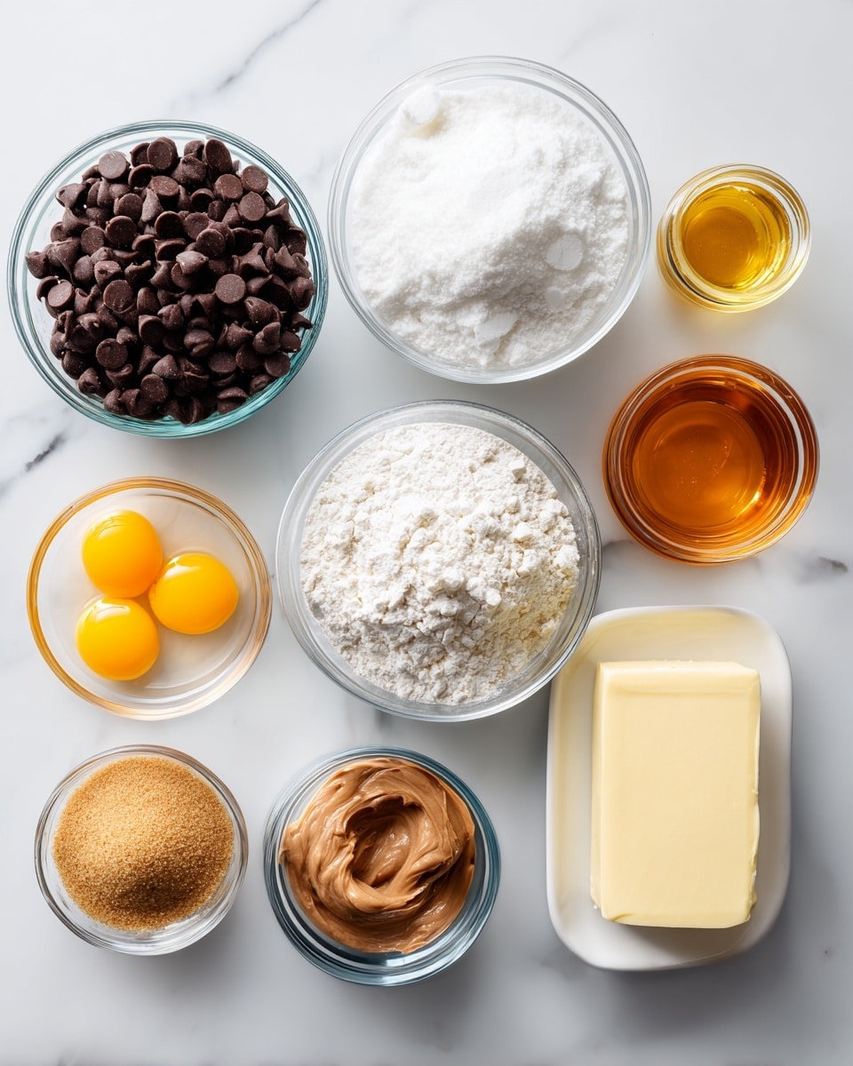 The image shows a white marbled surface with several clear glass bowls arranged in a loose grid. In the top left, there is a bowl filled with dark brown chocolate chips. To the right, there is a small glass jar with pale yellow coconut oil and a small bowl with amber-colored honey. Below the chocolate chips bowl, there is a bowl filled with white granulated sugar, next to a small bowl with two cracked yellow egg yolks in clear egg whites. On the bottom row, there is a bowl of light brown soft brown sugar, a small bowl with smooth chocolate hazelnut spread, a bowl with white flour, and a rectangular slab of pale yellow butter on a white dish. The colors range from white and brown to golden yellow, and the textures vary between smooth, powdery, and glossy. photo taken with an iphone --ar 4:5 --v 7