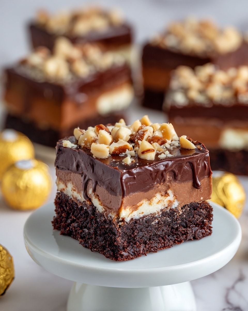 A square piece of rich chocolate brownie sits on a small white pedestal plate. The brownie has three visible layers: the bottom layer is a thick, dense, dark brown chocolate cake, the middle layer shows creamy chocolate filling oozing out slightly, and the top layer is a glossy chocolate ganache. Chopped hazelnuts are scattered generously on top of the ganache, adding a mix of light and dark brown colors and a crunchy texture. More brownies with the same layers and toppings surround the pedestal plate on a white marbled surface. Two Ferrero Rocher chocolates wrapped in gold foil are partially visible near the brownies. The photo taken with an iphone --ar 4:5 --v 7