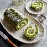 Matcha Roll Cake with Cream Cheese, Raspberry Jam, and Coconut Recipe