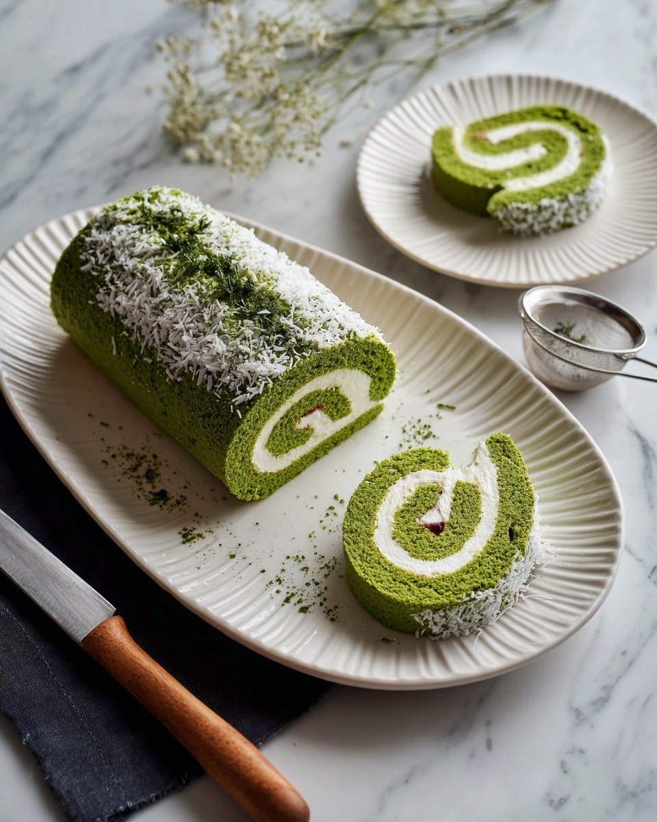 A rolled green cake on a large white oval plate is shown with three green spiral slices placed at the bottom. The green cake layers are bright with a light cream filling mixed with a reddish-pink layer visible inside the spirals. The main roll is dusted with white powder and green powder on top and scattered lightly around it on the plate. To the left of the plate is a knife with a wooden handle on a folded black cloth. To the right, a small white plate holds one slice of the green spiral cake. Delicate white flowers are visible at the top center, with the entire scene set on a white marbled surface. Photo taken with an iphone --ar 4:5 --v 7