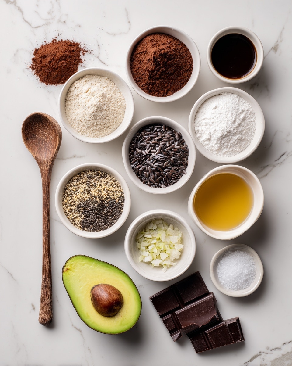 The image shows various ingredients arranged neatly on a white marbled surface. There are ten small white bowls, each holding different ingredients: dark brown cocoa powder, finely chopped white onions, dark brown powder (likely chili), white powder (flour or sugar), black flax seeds, dark chocolate chips, dark liquid (likely vanilla or coffee), solid dark chocolate chunks, yellowish liquid (honey or syrup), and coarse white salt in a tiny white bowl. There is also a half of a green avocado with a smooth, creamy texture. A rustic wooden spoon lies on the left side next to the bowls. The arrangement is tidy and well-balanced, displaying a range of textures and colors from dark browns to bright green and white. Photo taken with an iphone --ar 4:5 --v 7