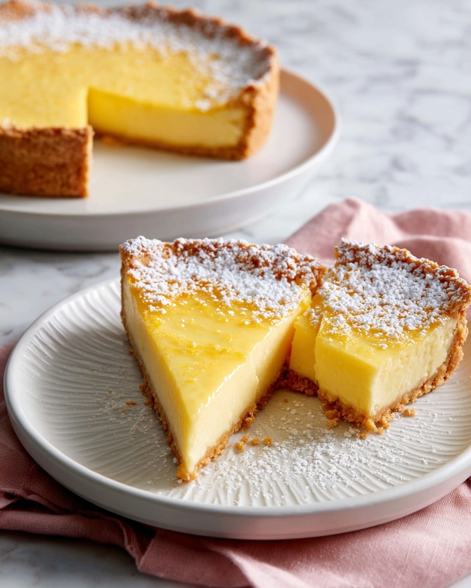 A tart with three visible layers sits on a white plate with a scalloped edge. The bottom crust is golden brown, crumbly, and thin, holding a thick middle layer of smooth, pale yellow custard with a soft texture. The top layer is a slightly darker golden yellow, smooth, and baked with a light dusting of white powdered sugar unevenly spread on the surface. The edges of the tart crust are darker brown with a crimped pattern. Crumbs and some powdered sugar are scattered lightly around the tart on the plate. The background has a white marbled texture. photo taken with an iphone --ar 4:5 --v 7