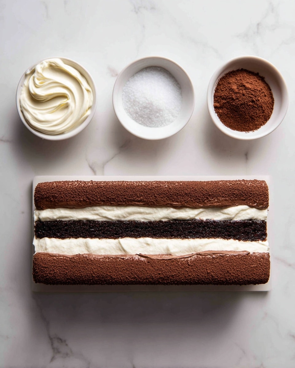 The image shows a long rectangular chocolate cake lying flat on a white marbled surface. The cake has multiple visible layers, starting with a dark brown base layer, topped by a layer of white cream, followed by a thick middle layer of darker brown chocolate cream, and finally another thin white cream layer on top. The top surface of the cake is dusted evenly with cocoa powder, creating a matte textured look. Above the cake, there are three small white bowls side by side on the white marbled surface: the left bowl contains smooth white cream with a swirled texture, the middle bowl holds fine brown cocoa powder, and the right bowl is filled with a white powder, likely sugar or salt. The arrangement is clean and simple, with all components placed neatly. Photo taken with an iphone --ar 4:5 --v 7