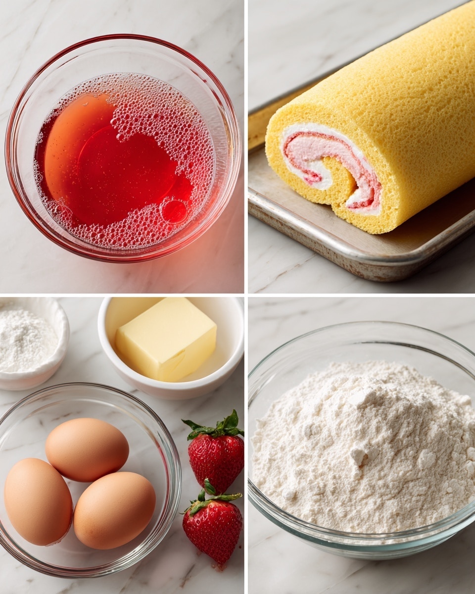 The image shows four smaller pictures of ingredients and a finished dessert. In the top left is a clear bowl with a red bubbly liquid that looks like strawberry juice. The top right shows a yellow rolled cake with a soft texture, lying on a metal tray, with pink and white layers inside it, likely cream and strawberries. The bottom left shows two raw eggs in a clear glass bowl, a whole strawberry and a sliced strawberry nearby, and in the background are white bowls with a yellow block of butter and other ingredients. The bottom right has a clear bowl filled with a heap of white flour. All pictures are placed on a white marbled surface photo taken with an iphone --ar 4:5 --v 7