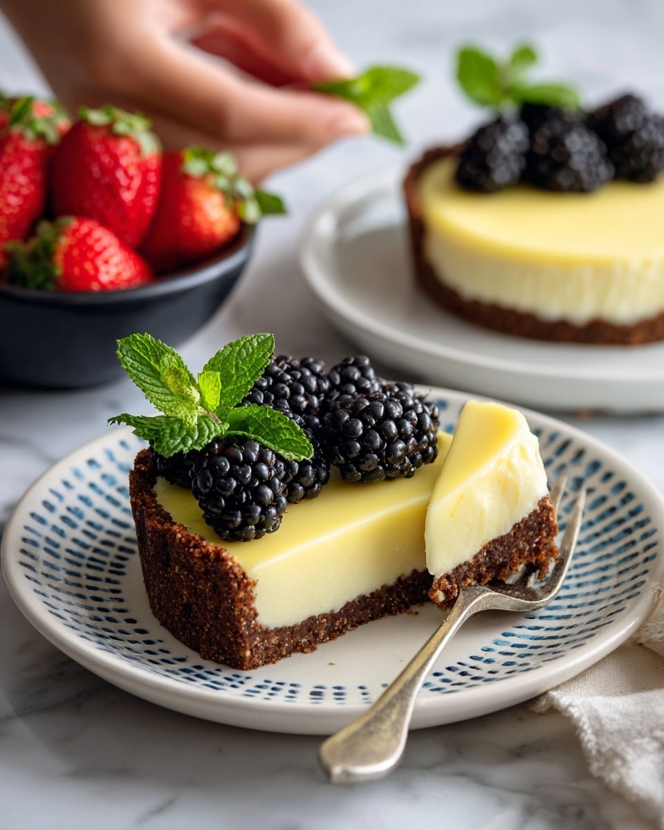 A tart with two visible layers sits on a white plate with blue dotted patterns: the bottom layer is a crumbly brown crust, and the thick top layer is smooth and pale yellow. On the top left side of the tart, there is a cluster of dark purple blackberries with a few green mint leaves scattered among them. A slice of the tart is being lifted by a fork, showing the neat edges of the layers, and it has one blackberry on top. In the background, there is another tart with the same layers on a plain white plate, decorated with blackberries and mint leaves on one side, and a black tart dish filled with bright red strawberries placed on a white marbled surface and white brick wall. Photo taken with an iphone --ar 4:5 --v 7