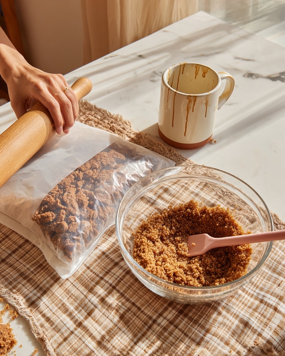 The image shows two side-by-side scenes of food preparation with a warm, cozy light. On the left, a white plastic ziplock bag filled with broken brown biscuits or cookies lies flat on a beige checkered cloth with a woman's hand rolling over the bag using a light wooden rolling pin, crushing the biscuits into crumbs. On the right, a clear glass bowl sits on a white marbled surface, filled with a brown crumbly mixture forming a ring around the edge with a wet center, being stirred by a woman's hand holding a pink spatula; the background includes a white and brown ceramic mug with white glaze dripping and a warm light source casting soft amber shadows. photo taken with an iphone --ar 4:5 --v 7