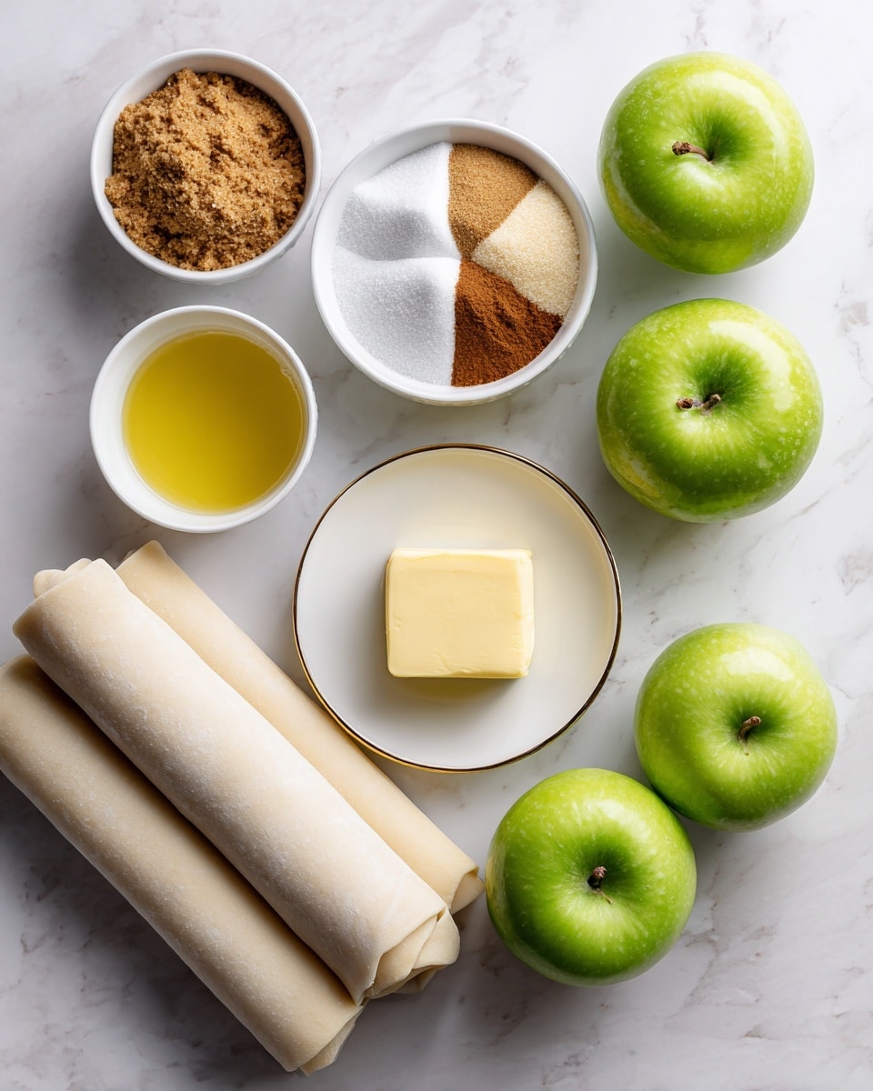 The image shows a top view of baking ingredients neatly arranged on a white marbled surface. There are two whole green apples on the right side, bright and smooth with small stems. Next to them are three small white bowls: one filled with light brown sugar, another with white granulated sugar, and the third with a mix of ground cinnamon and possibly nutmeg, with divided sections. A small white plate with a gold rim holds a solid square of yellow butter in the center. To the left, a single brown egg lies next to a small white bowl containing melted yellow butter or oil. At the bottom, two rolled white dough sheets wrapped in parchment paper are placed horizontally. photo taken with an iphone --ar 4:5 --v 7