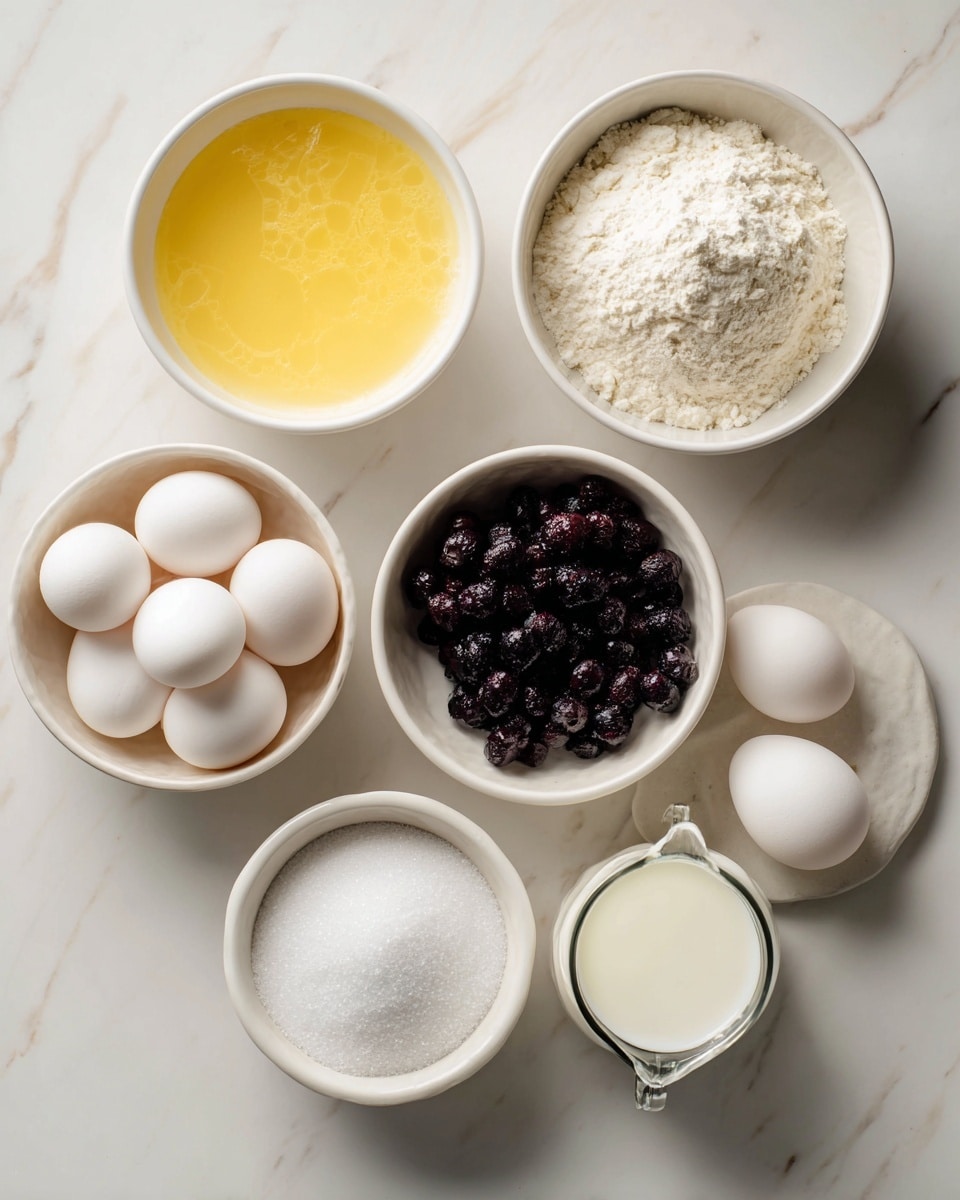 The image shows six white bowls and a clear glass jug placed on a white marbled surface. In the top left bowl, there is a yellow liquid, likely melted butter. To the right of it, a bowl filled with white powder, probably flour. Below the yellow liquid, there is a bowl full of small dark berries. Next to the berries, on the right, another bowl contains five whole white eggs. Below the eggs to the left, there is a bowl filled with white granulated sugar. Finally, in the bottom right, a clear glass jug holds a small amount of milk or cream. Photo taken with an iphone --ar 4:5 --v 7