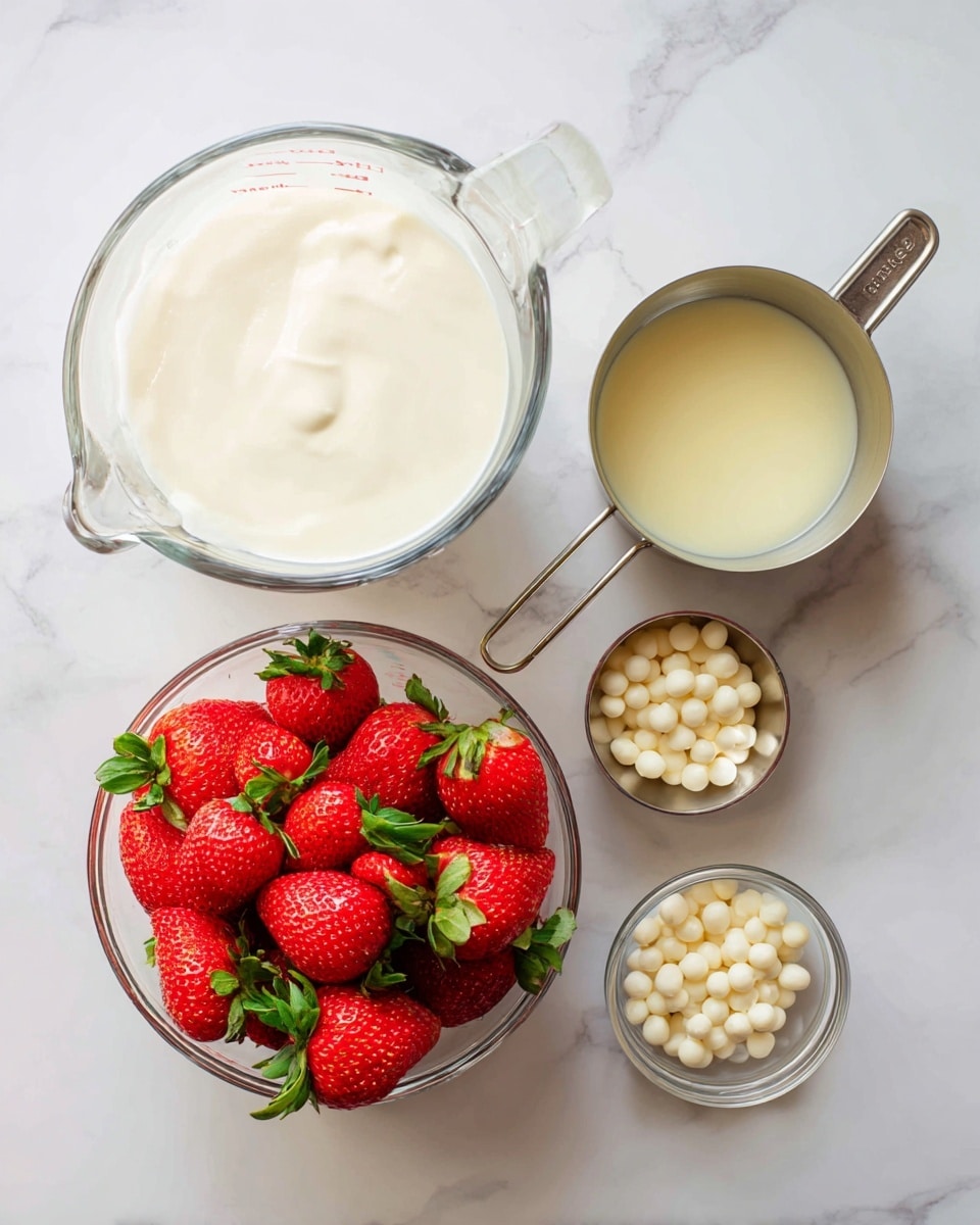 The image shows four clear glass containers on a white marbled surface. The largest bowl at the bottom left is full of bright red strawberries with green leaves. Above it, there is a large glass measuring cup filled with a thick white cream or yogurt. To the right of the measuring cup, a metal measuring cup holds a pale yellow liquid. Below it, a small glass bowl contains tiny white round pearls or seeds. The arrangement is neat and spaced evenly. photo taken with an iphone --ar 4:5 --v 7
