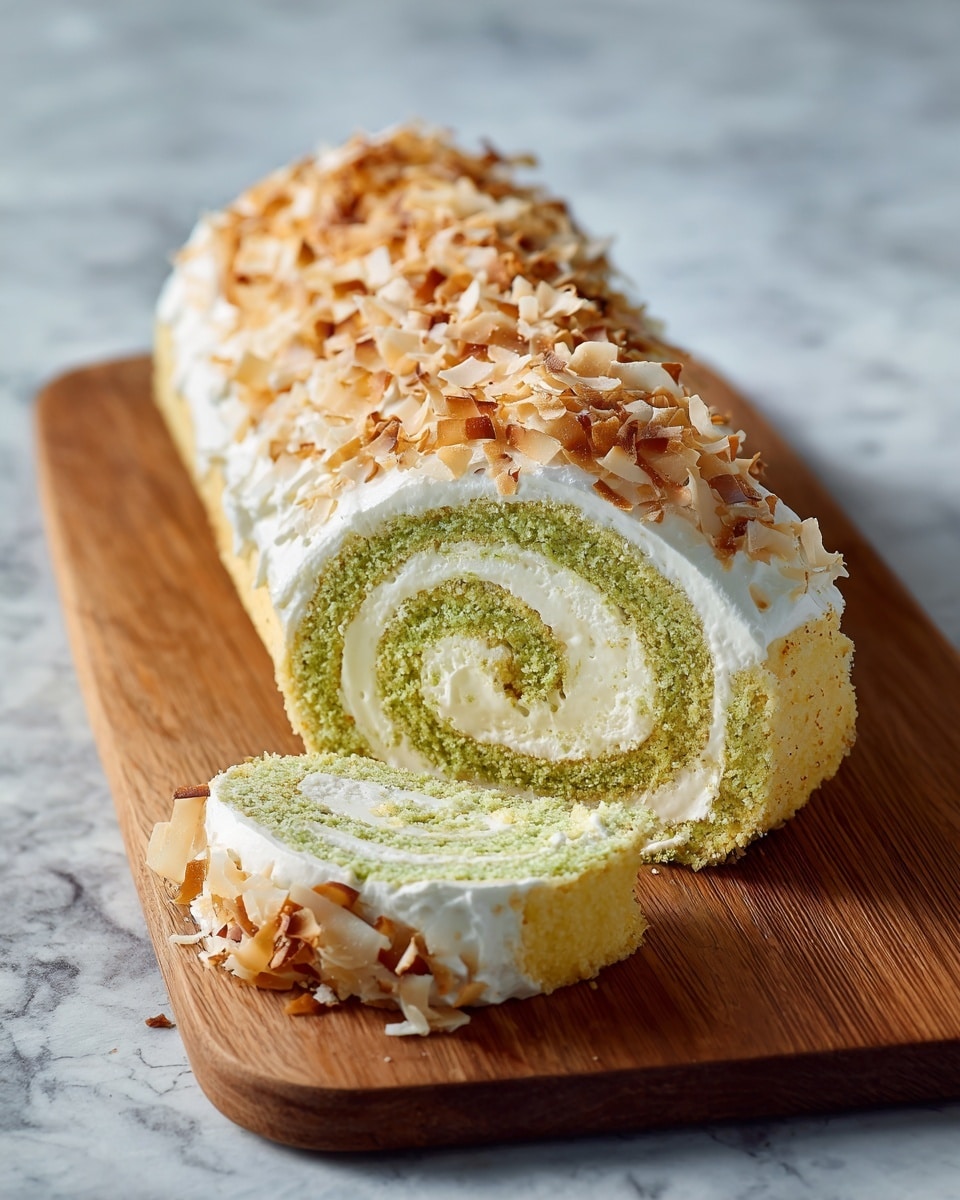 A jelly roll cake is shown on a wooden board with a white marbled surface background. The cake has two main colors and layers: a light green sponge cake rolled in a spiral with white cream filling all inside. The outside is covered by a thick layer of white cream topped with toasted, uneven coconut flakes that add texture and a light tan color. The cake is sliced at one end, showing the clear spiral pattern of green cake and white cream. The photo taken with an iphone --ar 4:5 --v 7
