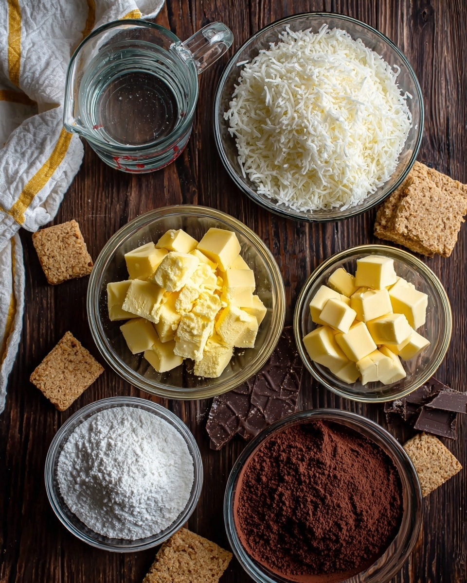 The image shows six clear glass bowls arranged on a dark wooden surface with several square golden-brown biscuits around them. The top-left bowl contains fluffy white shredded coconut. To its right is a measuring cup filled with clear water. Below the coconut, a bowl holds small yellow cubes of butter. To the right of the butter is a small bowl with dark brown cocoa powder. Below the cocoa is a bowl of fine white powdered sugar, and to its left, a bowl with smooth, creamy condensed milk. A white and yellow striped cloth is partially visible on the left side of the image. photo taken with an iphone --ar 4:5 --v 7