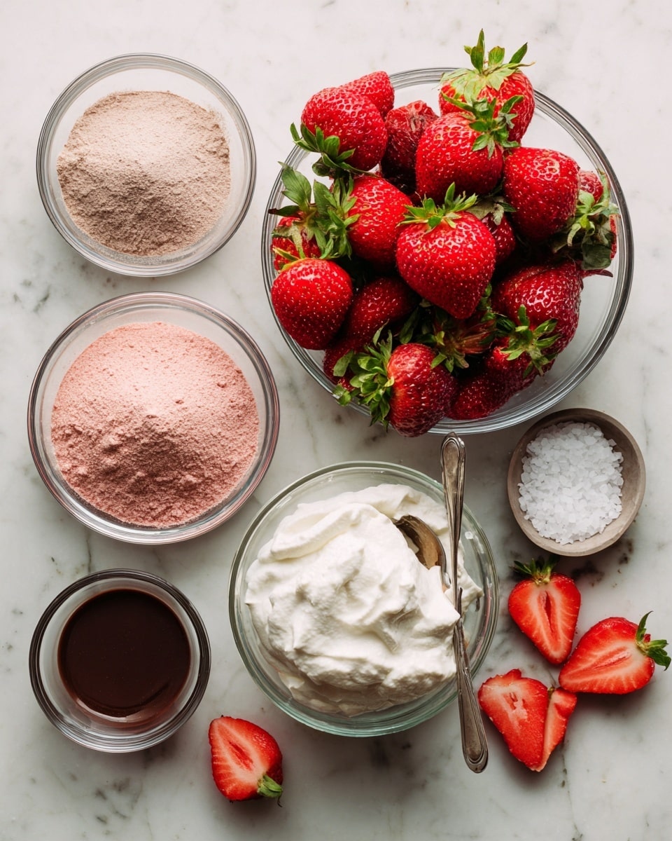 A top view of a white marbled surface with five small clear glass bowls arranged loosely in a circle. The main bowl in the center holds a pile of bright red strawberries with green leafy tops, some standing upright and some lying down, showing their shiny, smooth texture. To the left, a bowl of light brown powder and below it a bowl of pink powder add color contrast. Directly below the strawberries, there is a bowl filled with fluffy white whipped cream or yogurt with a silver spoon partly submerged. To the right, a small bowl of dark brown liquid sits beside the whipped topping, and below the brown powder, a bowl of coarse white salt completes the arrangement. Several halved strawberries with moist red interiors and green tops are scattered on the white marbled surface around the bowls. Photo taken with an iphone --ar 4:5 --v 7
