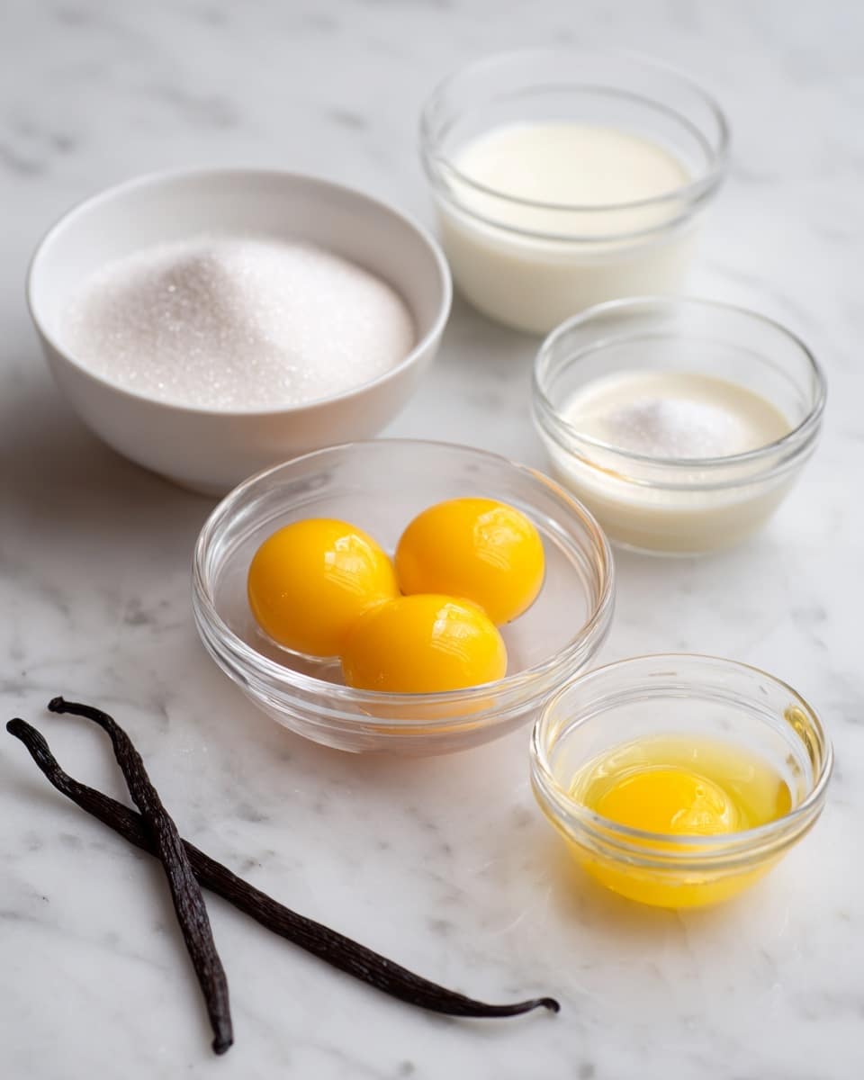 The image shows six small clear bowls arranged on a white marbled surface. The bowl at the center holds three bright yellow egg yolks. To the right, there is a smaller bowl with one egg yolk mixed into a clear liquid. In front of this is a tiny bowl filled with white salt. On the left side, there is a white round bowl filled with white granulated sugar, next to it a clear bowl with white milk, and behind that, a clear bowl with a light yellow liquid, likely cream. A dark brown vanilla bean pod lies across the front of the bowls. photo taken with an iphone --ar 4:5 --v 7