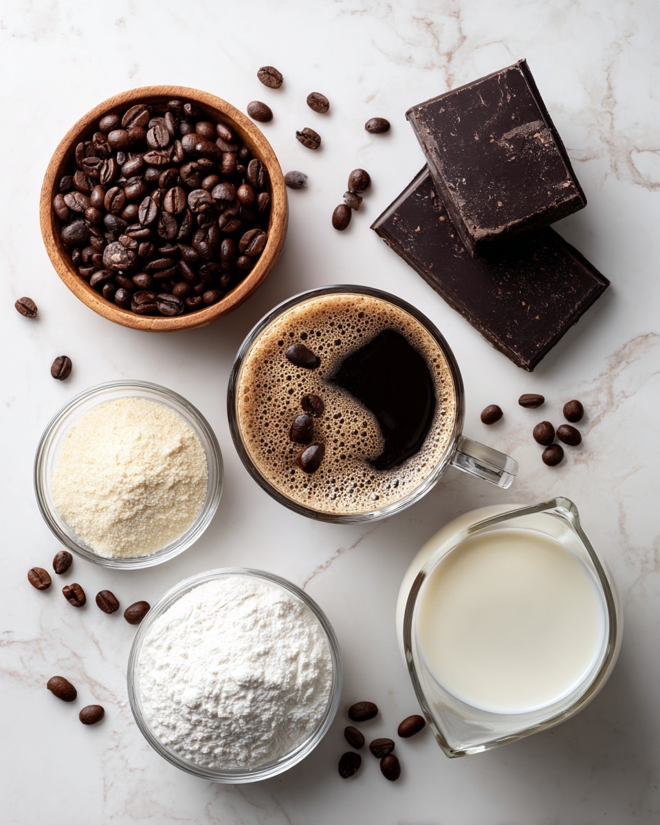 The image shows an arrangement of ingredients on a white marbled surface, centered around a clear glass cup filled with dark brown coffee with a frothy surface and a couple of coffee beans resting on top. To the top left, there is a round wooden bowl filled with shiny, dark brown coffee beans. Near the top edge, two large dark brown chocolate pieces rest flat. To the right of the coffee cup is a clear glass measuring jug filled with white milk, and below it, a smaller glass bowl containing light beige powder. At the bottom left is a round glass bowl full of white sugar, and next to it at the bottom right, a larger glass bowl filled with white liquid, likely milk or cream. Scattered coffee beans surround the bowls and cups on the white marbled surface. Photo taken with an iphone --ar 4:5 --v 7