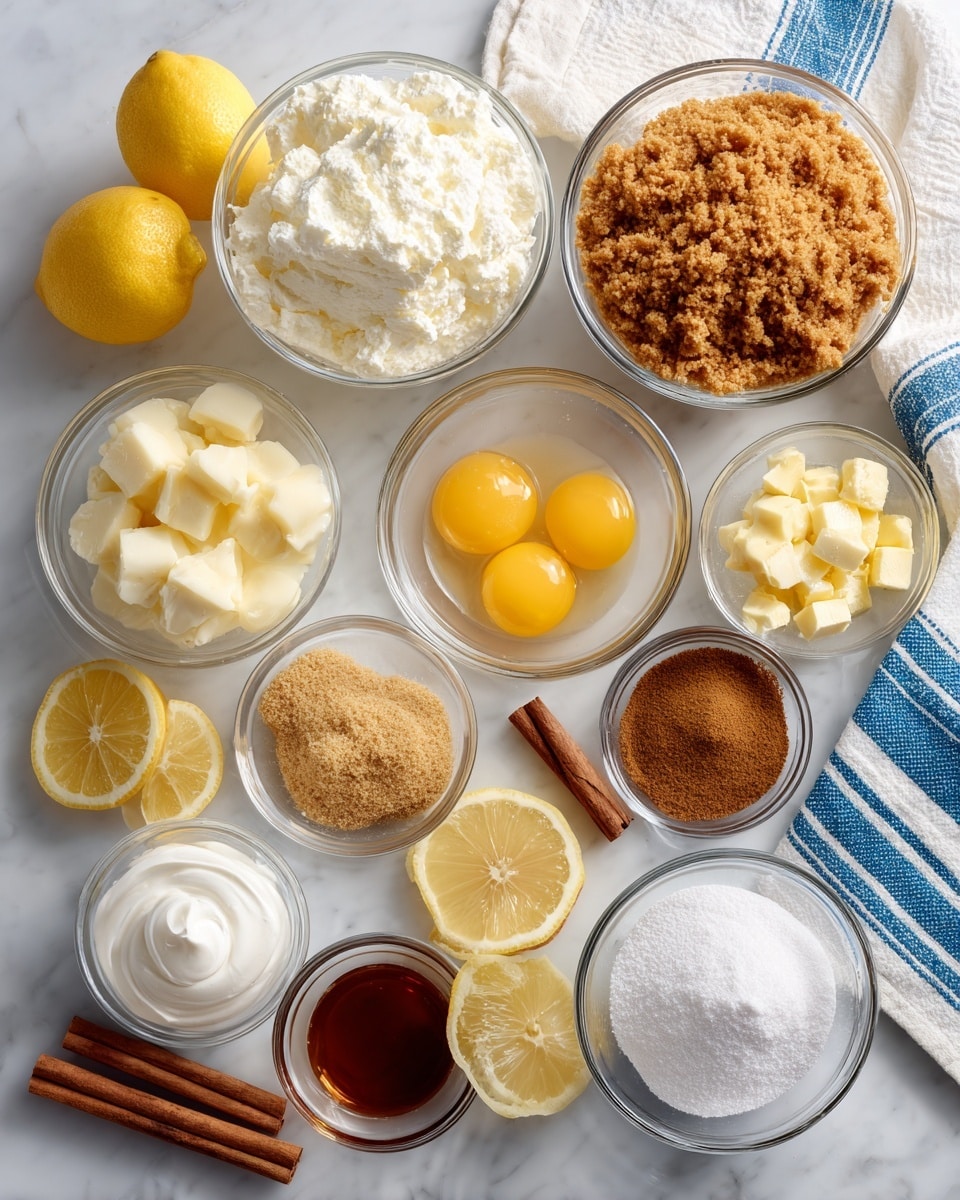 This image shows an overhead view of various ingredients arranged neatly on a white marbled surface. In the center, there are two large clear glass bowls, one filled with a white soft cheese and the other with golden brown crumbs. Surrounding these bowls, smaller clear glass bowls hold ingredients such as two raw eggs with yellow yolks, diced yellow butter, white sugar, white cream, and brown vanilla extract. Fresh lemon halves and slices, along with lemon zest, add bright yellow accents. A cinnamon stick and powdered spices complete the group, with a white towel with blue stripes partially visible in the top right corner. Photo taken with an iphone --ar 4:5 --v 7