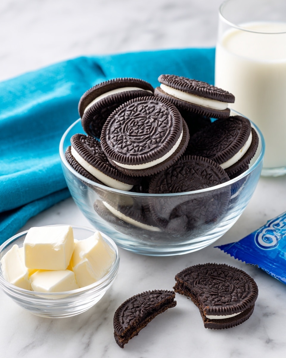 A clear glass bowl filled with a stack of round chocolate sandwich cookies with white cream filling is placed on a white marbled surface. Around the bowl, there are a few loose chocolate cookies, including one broken in half showing the white cream inside. Next to the bowl, a pack of blue Oreo cookies lies flat. Below the bowl, a small clear glass bowl holds white rectangular pieces, likely butter, and beside it, a larger clear glass bowl is filled with white milk. A bright blue cloth is partially visible on the left side of the image. Photo taken with an iphone --ar 4:5 --v 7