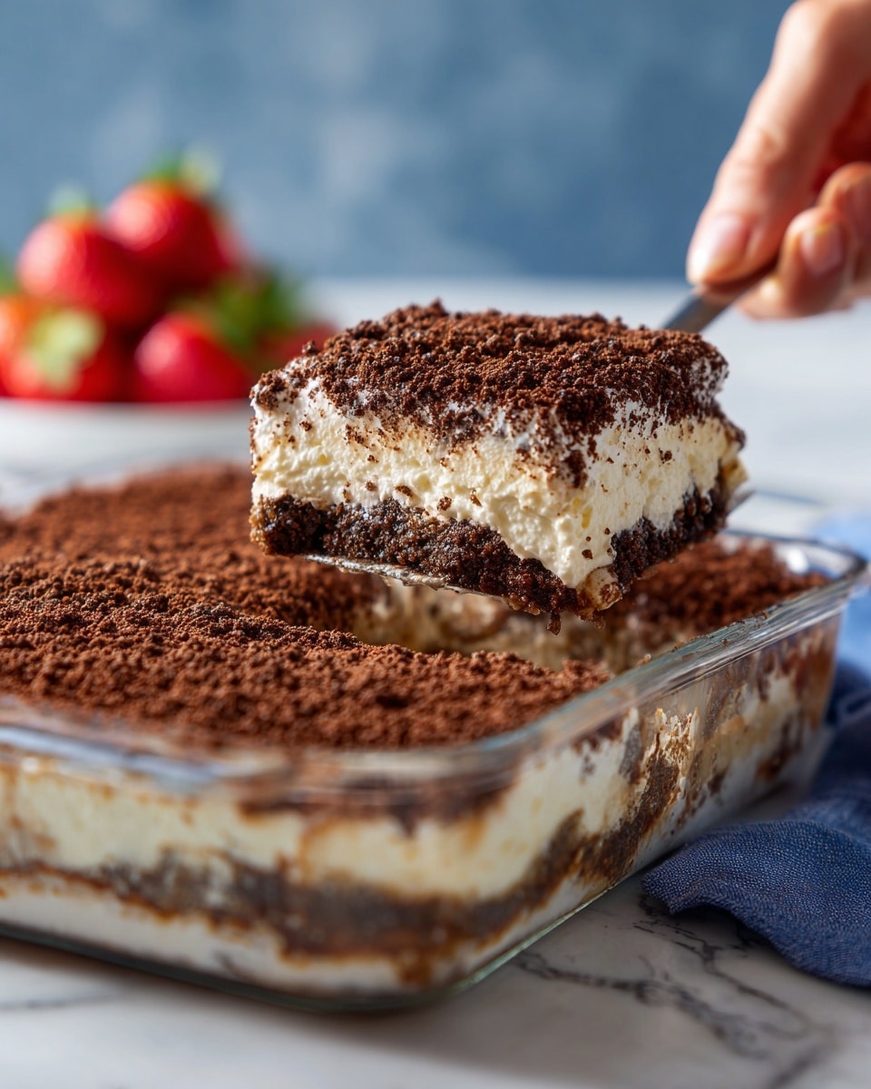 A close-up of a square dessert piece being lifted from a clear glass dish resting on a white marbled surface. The dessert has three clear layers: the bottom layer is a dark black crumb base, the middle layer is thick and white with a smooth, creamy texture, and the top layer is a thick dark brown crumb layer that looks slightly rough. Around the dish, there are scattered crumbs and blurred red and green strawberry halves in the background. The dessert piece is held by a utensil, showing the sharp edges of the square piece clearly. photo taken with an iphone --ar 4:5 --v 7