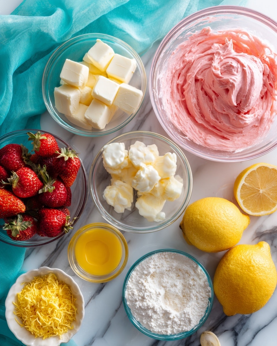 The image shows several clear glass bowls placed on a white marbled surface. One large bowl contains a pink, creamy mixture at the center. Surrounding it are smaller bowls with bright white cubes of butter, white flour, smooth white discs of white chocolate, and a yellow liquid with egg yolks. There are also fresh lemon halves and whole lemons, some bright red strawberries, both whole and sliced in half, and a small bowl filled with fine yellow lemon zest. A turquoise cloth is draped on the left side of the frame. The colors are bright and natural, with a clean and fresh look. photo taken with an iphone --ar 4:5 --v 7