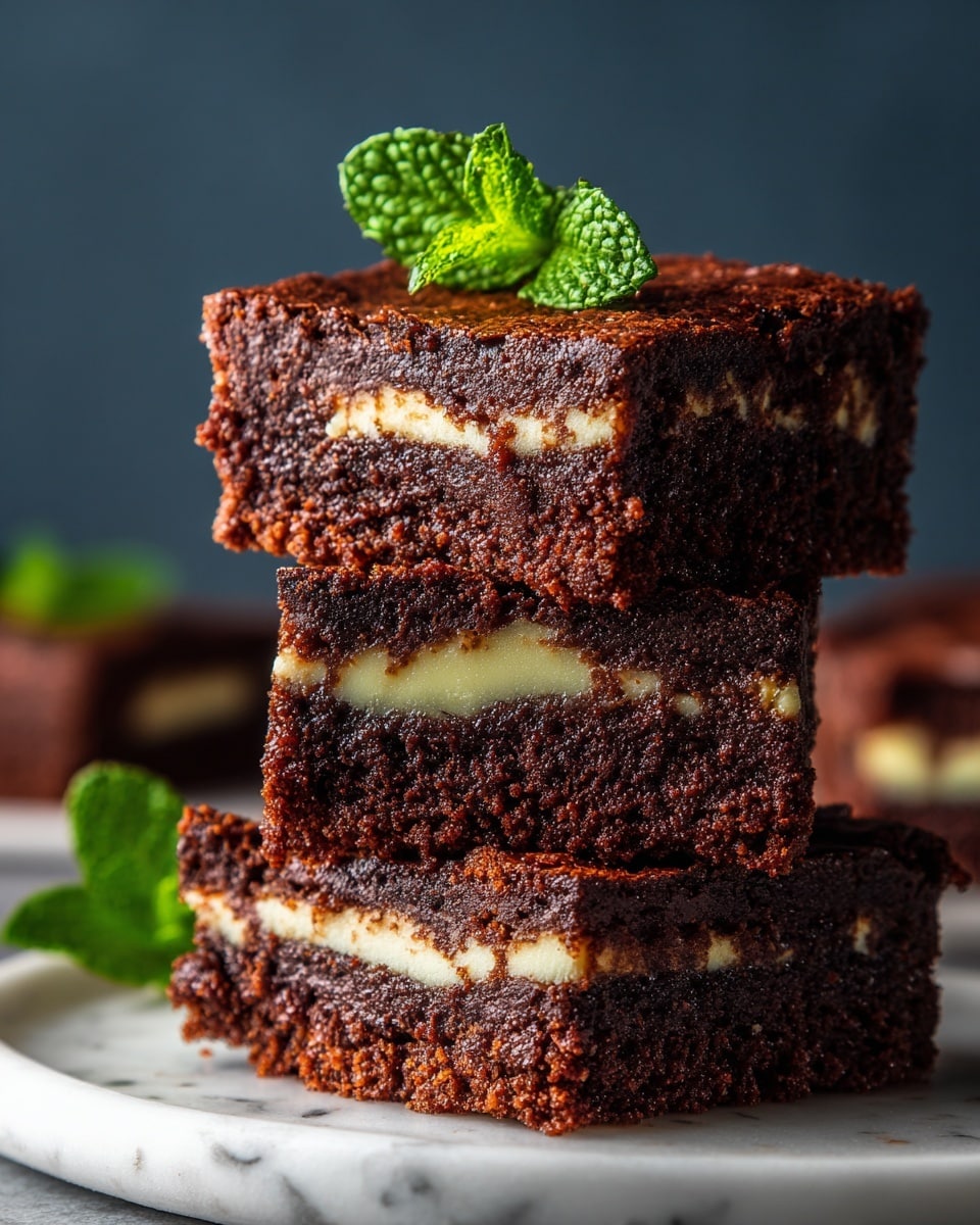 A close-up image showing a stack of four brownie squares with visible small orange bits, each separated by thin white creamy layers. The brownies have a dense, crumbly texture with a rich brown color. On top of the stack is a small green mint leaf garnish adding a fresh contrast. The stack sits on a white plate with a thin golden rim, placed on a white marbled surface with a blurred dark background. The photo taken with an iphone --ar 4:5 --v 7