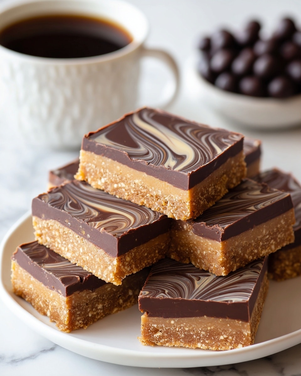 A stack of square chocolate peanut butter bars on a white plate sits against a white marbled texture background. Each bar has two layers: the bottom layer is thick, light brown, and slightly crumbly, resembling peanut butter, while the top layer is a smooth, shiny, dark chocolate spread evenly with small swirling patterns. The bars are stacked unevenly, showing the textures of both layers clearly. In the background, there is a blurred white cup filled with chocolate chips. Photo taken with an iphone --ar 4:5 --v 7