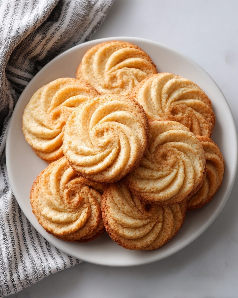 A white round plate is filled with a single layer of light golden brown cookies, each with a detailed swirl pattern on top, slightly darker on the edges. The plate sits on a white marbled surface with a soft gray and white striped cloth casually arranged to the left side, adding texture and contrast to the scene. The cookies appear slightly crumbly with a smooth, baked surface and a gentle shadow under the plate for depth. photo taken with an iphone --ar 4:5 --v 7