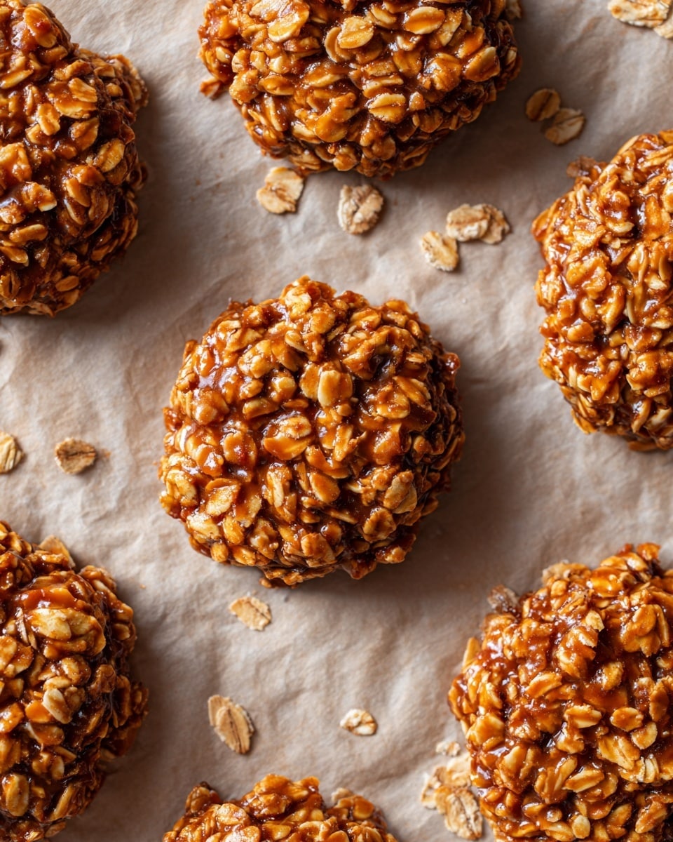 The image shows several clusters of oatmeal cookies placed on white parchment paper on a white marbled surface. Each cookie has a rough round shape with visible oats in a shiny, caramel-colored syrupy layer holding them together. The cookies are uneven with some oats scattered around them on the parchment paper. The overall look is rustic and natural, highlighting the texture of the oats and the glossy binding syrup photo taken with an iphone --ar 4:5 --v 7
