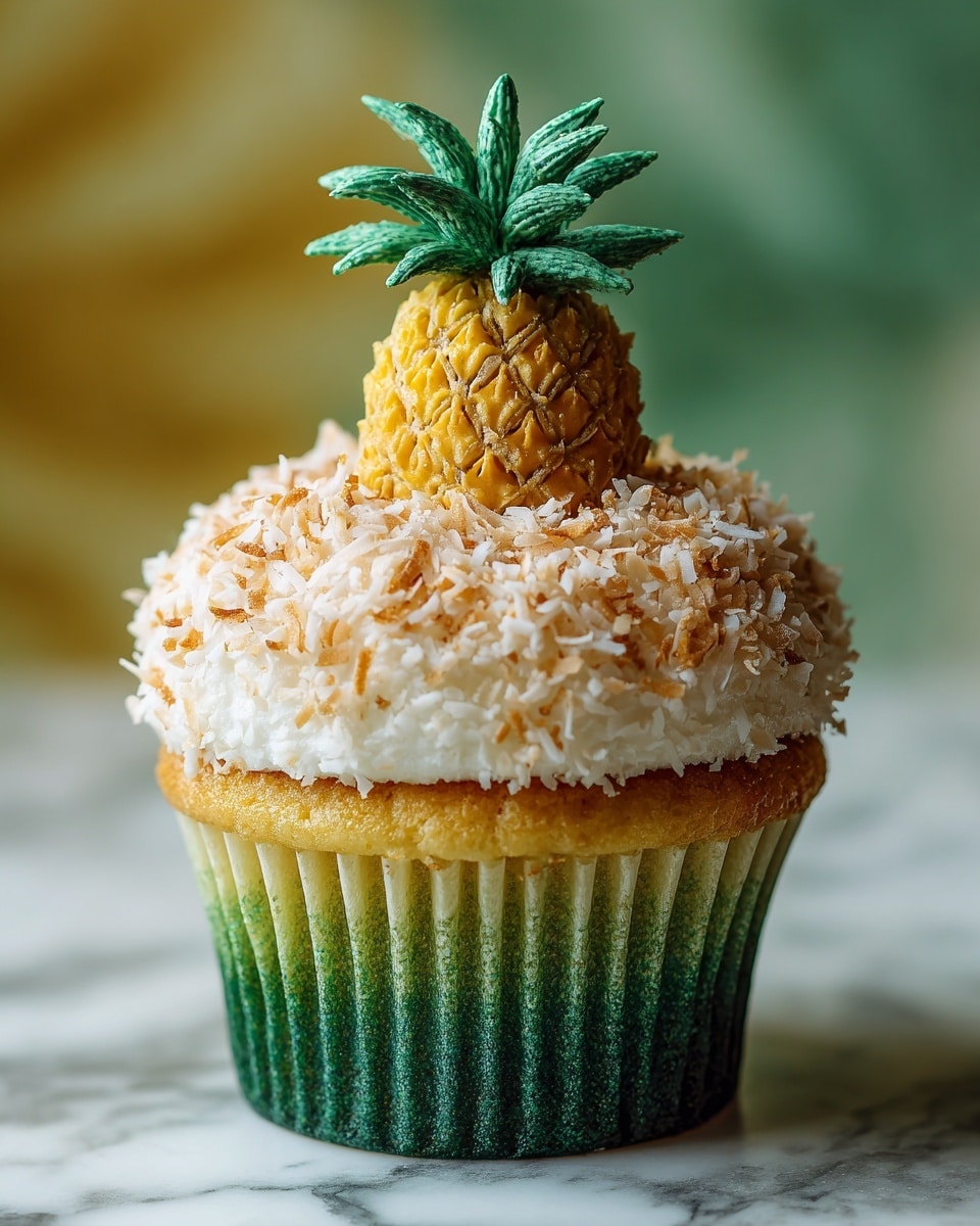 A cupcake with three layers is shown. The bottom layer is a green cupcake liner with different shades of green vertical stripes. The middle layer is a golden brown cake with white frosting on top and around the sides, coated with crushed light brown nuts or toasted coconut flakes around the edges. The top layer has a small decoration shaped like a pineapple made with light brown frosting textured with small star-like peaks and green frosting leaves on top. The cupcake sits on a white marbled surface with a blurred pineapple and other cupcakes in the background. photo taken with an iphone --ar 4:5 --v 7
