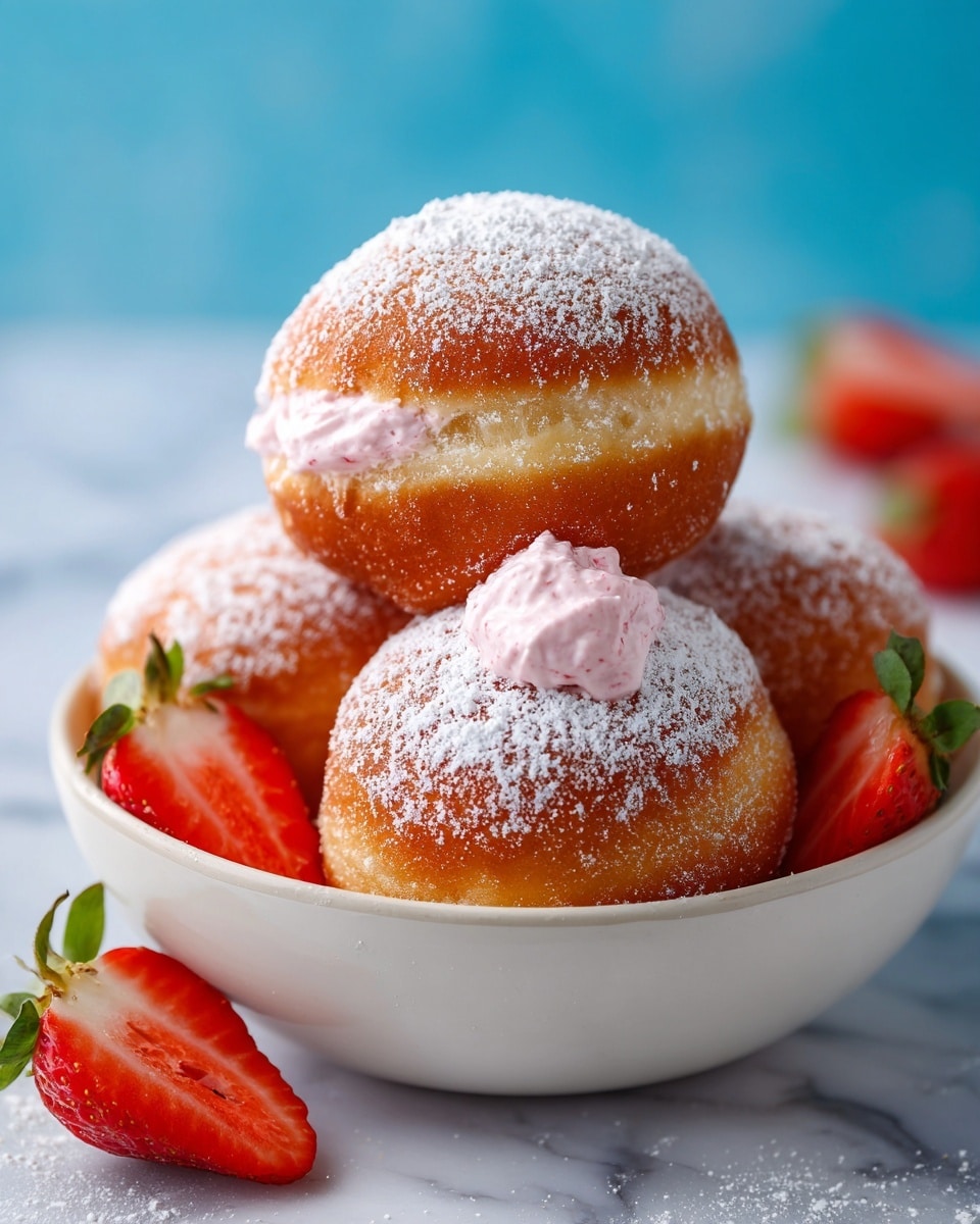 A plate full of three golden brown donuts covered with a thick layer of granulated sugar, each donut has a small dot of light pink cream filling visible on top; scattered around the donuts are fresh halved strawberries with bright red flesh and green leaves, all placed on a white marbled surface; the background is bright blue, adding strong contrast to the warm colors of the donuts and strawberries photo taken with an iphone --ar 4:5 --v 7
