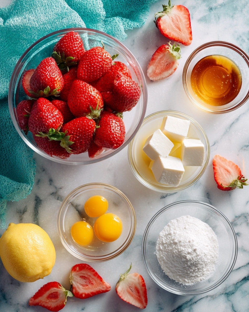 A clear glass bowl filled with bright red strawberries with green leaves sits near the center of a white marbled surface. Around it are several small clear bowls: one with four fresh yellow egg yolks, one with golden-brown liquid, one with white cubes that look like butter, one with white powder, and one with granulated white sugar. A yellow lemon sits toward the bottom left, and three strawberry halves with visible seeds and green tops are scattered around the bowls. A turquoise cloth is folded and placed on the top left corner. The photo is taken with an iphone --ar 4:5 --v 7
