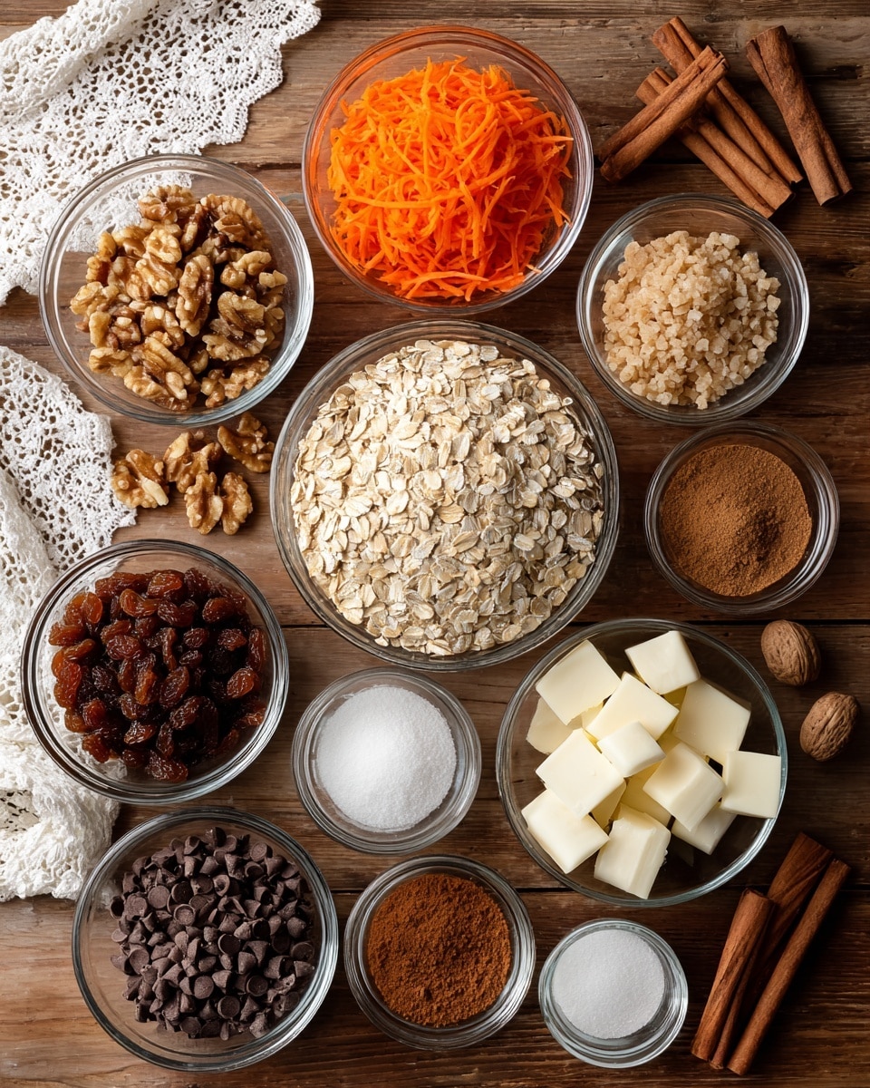 A top view of various clear glass bowls arranged on a wooden surface, each filled with a different ingredient: at the center is a large bowl of light beige rolled oats, above it is a bowl with bright orange shredded carrots, to the left is a bowl with chopped brown walnuts, above that a bowl with light brown sugar, and at the top center a bowl filled with dark brown raisins. To the right are white cubes of butter in a bowl and below that a small bowl with brown cinnamon powder. Surrounding these are smaller bowls containing white salt, baking soda, vanilla extract, white flour, granulated sugar, dark chocolate chips, and a few scattered whole walnuts and cinnamon sticks on the surface. A white lace cloth is partially visible at the top left corner. photo taken with an iphone --ar 4:5 --v 7