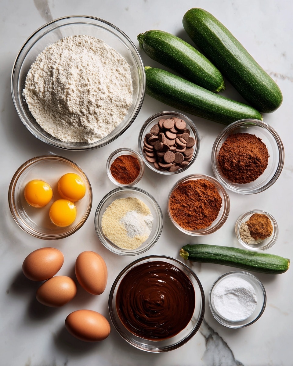 In the image, there are several clear glass bowls and two green zucchinis placed around on a white marbled surface. The largest bowl at the top left is filled with a white powder, likely flour. Below it, three smaller bowls contain brown sugar, light brown chocolate buttons, and orange-red cocoa powder. At the bottom left, a bowl contains four raw eggs with bright yellow yolks. A medium bowl at the bottom right holds a smooth dark brown chocolate mix. There are also small bowls with white sugar, a small amount of vanilla extract, cinnamon powder, and a tiny bowl with a brown spice, possibly nutmeg. The two green zucchinis lie horizontally near the bowls, adding a fresh contrast to the dry and smooth ingredients. photo taken with an iphone --ar 4:5 --v 7