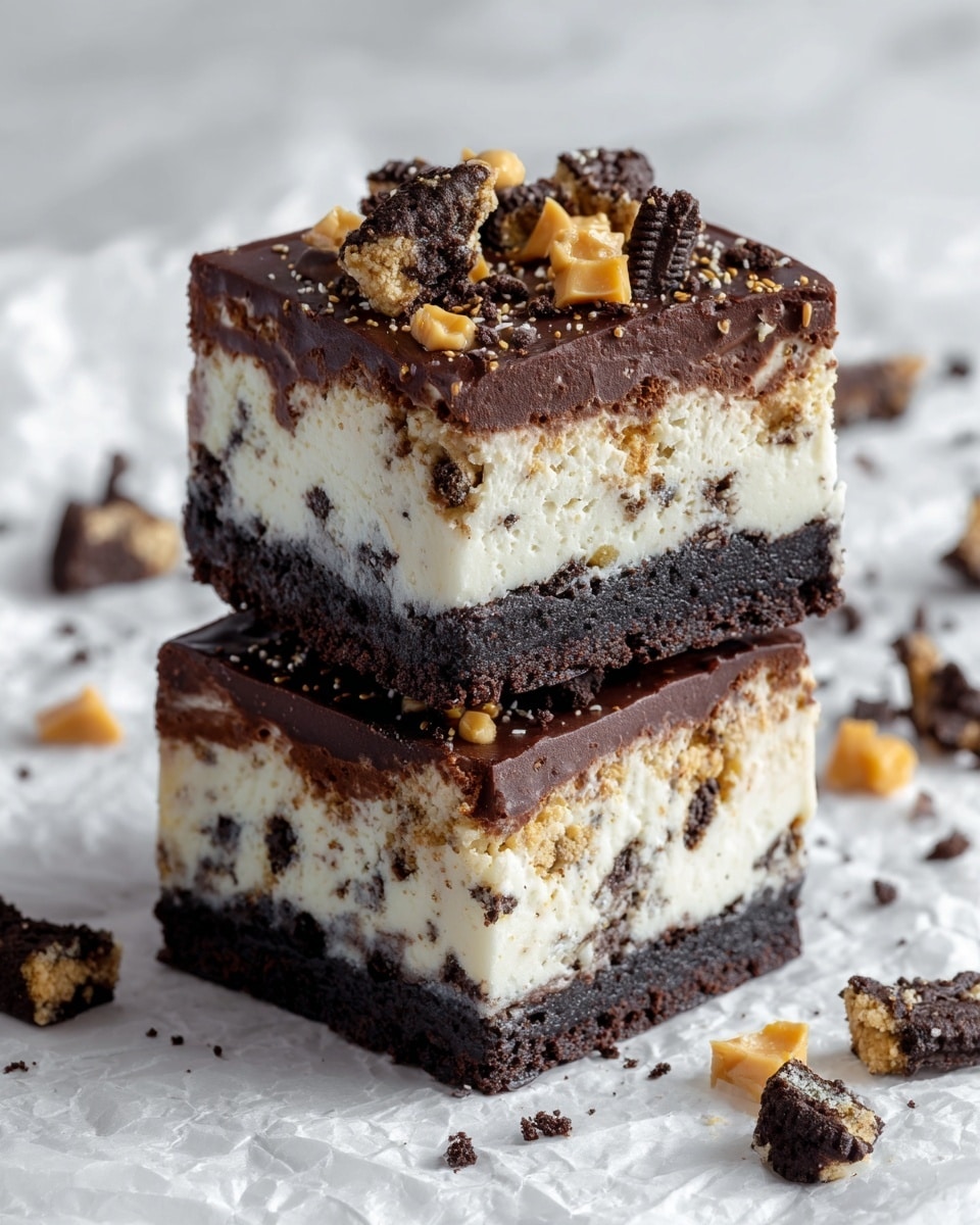 The image shows two stacked dessert bars with four distinct layers. The bottom layer is dark brown and looks dense and rich, like a thick brownie base. Above it is a dark cookie layer with visible white cream spots and chunks. The middle layer is thick and creamy white with bits of dark cookie mixed in. The top layer is a mix of dark chocolate with rough pieces of crushed cookies and caramel chunks that add texture. The bars sit on crumpled white paper, with a blurred white marbled surface in the background. photo taken with an iphone --ar 4:5 --v 7