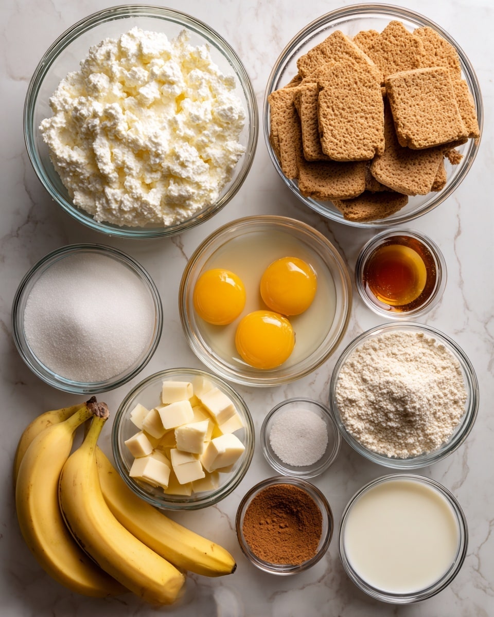 The image shows many clear glass bowls on a white marbled surface, each with different baking ingredients. On the top left, there is a large bowl filled with white creamy cottage cheese. To its right is a big bowl full of light brown powdered graham crackers. Below the cottage cheese is a medium-sized bowl with three raw eggs that have yellow yolks floating in clear egg whites. Next to it, to the right, is a smaller bowl filled with small cubes of pale yellow butter. Two whole ripe yellow bananas lie between the bowls. There are several other small clear bowls containing white sugar, light brown sugar, white milk, a small amber liquid, cinnamon powder, and other white powders. The arrangement is neat, with a mix of round bowls and the bananas adding a natural curve. photo taken with an iphone --ar 4:5 --v 7