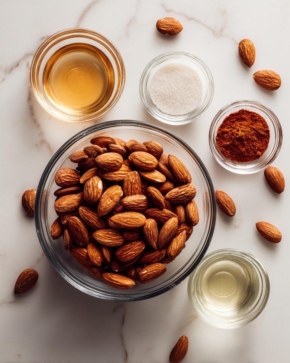 A clear glass bowl filled with many whole almonds is placed on a white marbled surface, surrounded by a few scattered almonds. Around the bowl are four small clear glass bowls, each holding different ingredients: a light brown liquid, a white powder, a reddish-brown powder, and clear liquid. The overall setup is simple and clean with natural light highlighting the textures and colors of the ingredients photo taken with an iphone --ar 4:5 --v 7