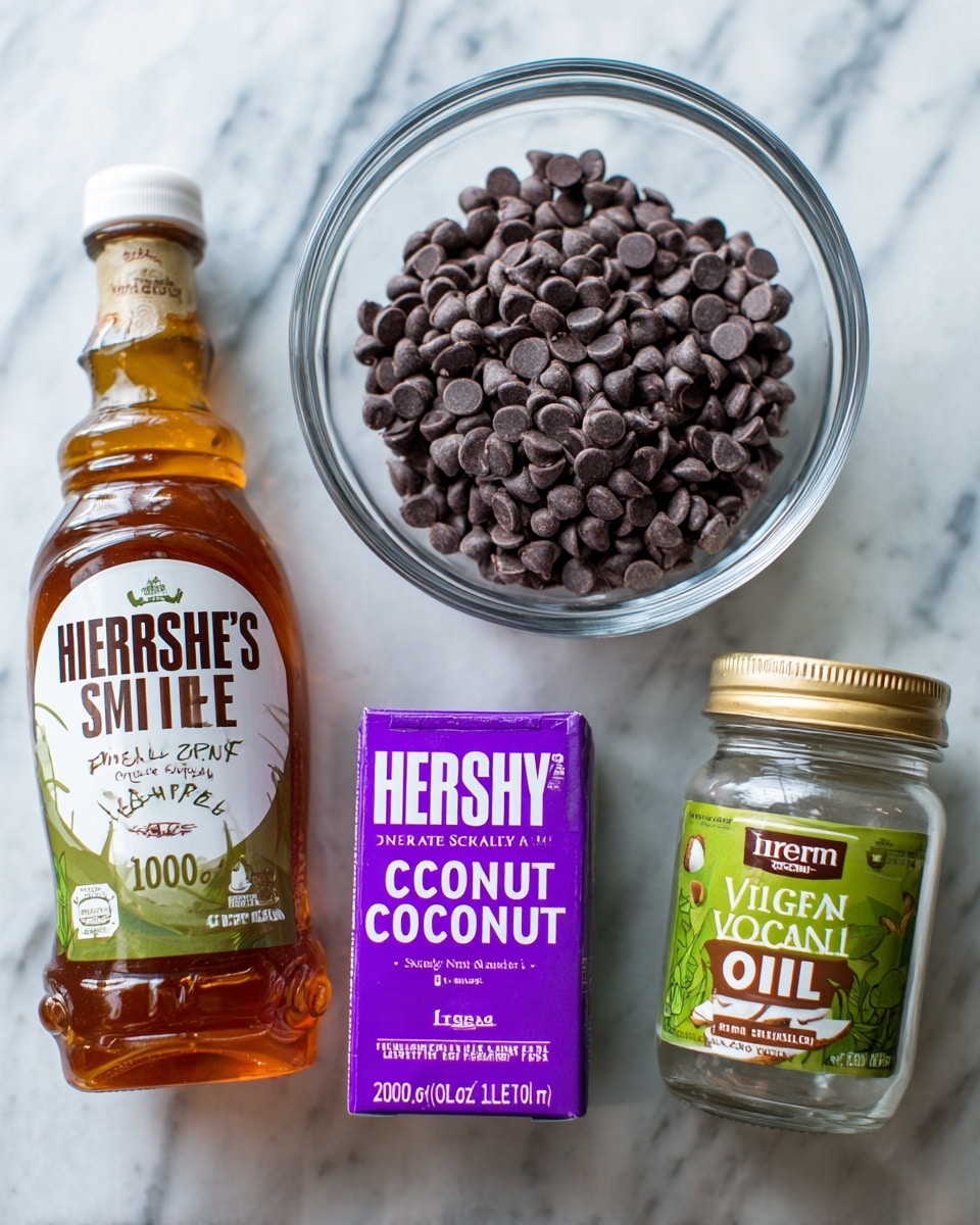 A clear glass bowl filled with a single layer of small dark brown chocolate chips sits in the center on a white marbled surface. Below the bowl, three containers are arranged in a row: on the left, a transparent amber-colored plastic bottle with a green and white label reading