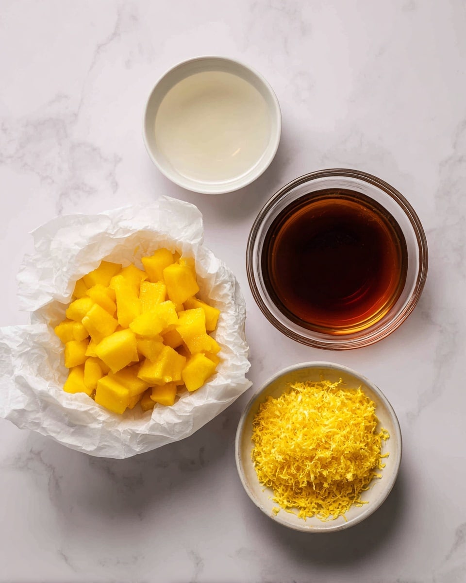 The image shows four ingredients placed on a white marbled surface. On the bottom left, there is an open white paper bag filled with bright yellow frozen mango chunks. Next to it, on the top left, there is a small white bowl containing a clear light liquid. On the right side at the top, there is a round clear glass bowl filled with a dark amber liquid. Finally, at the bottom right, there is another small white bowl filled with finely grated yellow zest. The arrangement is neat and evenly spaced. Photo taken with an iphone --ar 4:5 --v 7